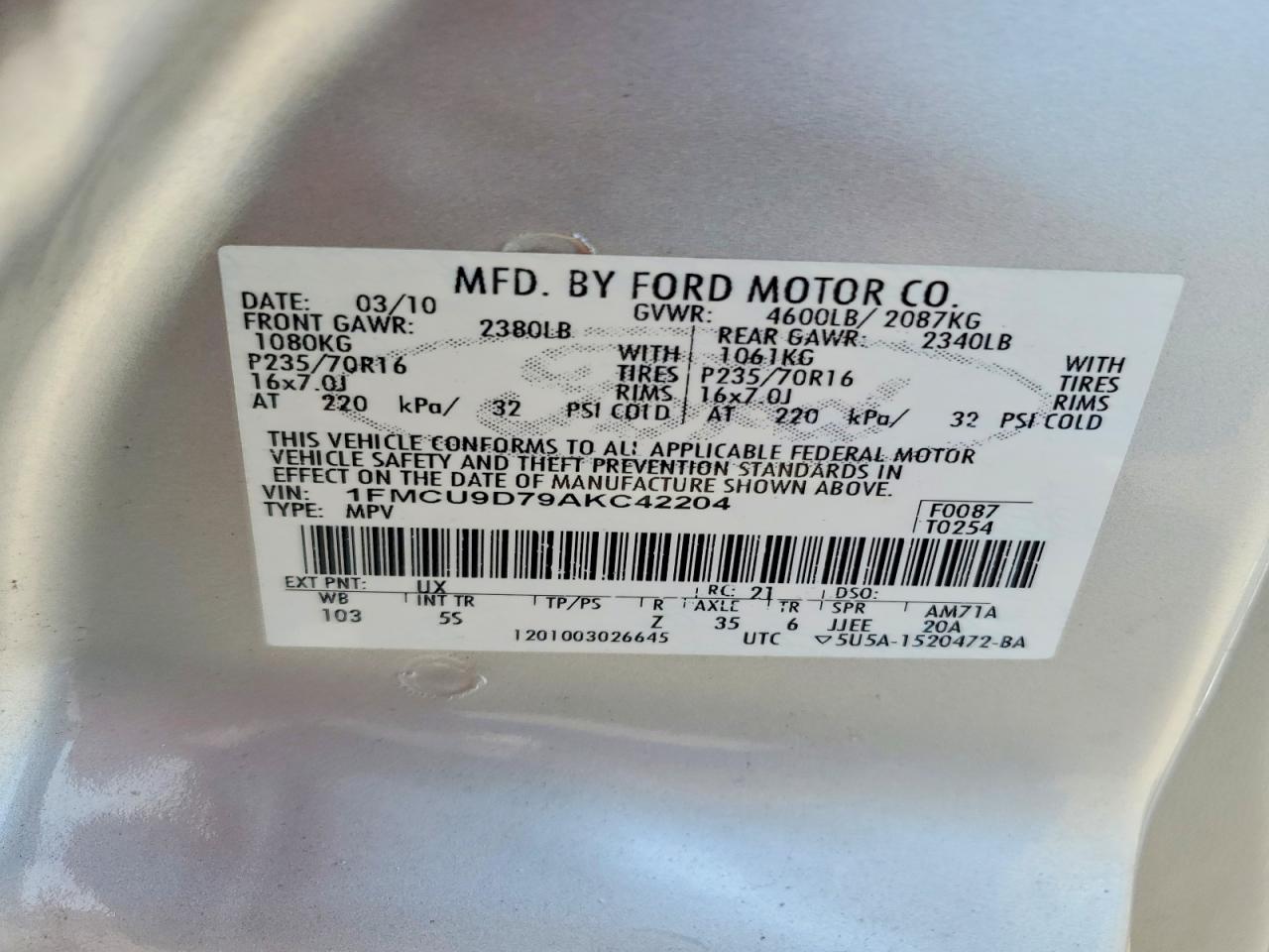 2010 Ford Escape Xlt Silver vin: 1FMCU9D79AKC42204