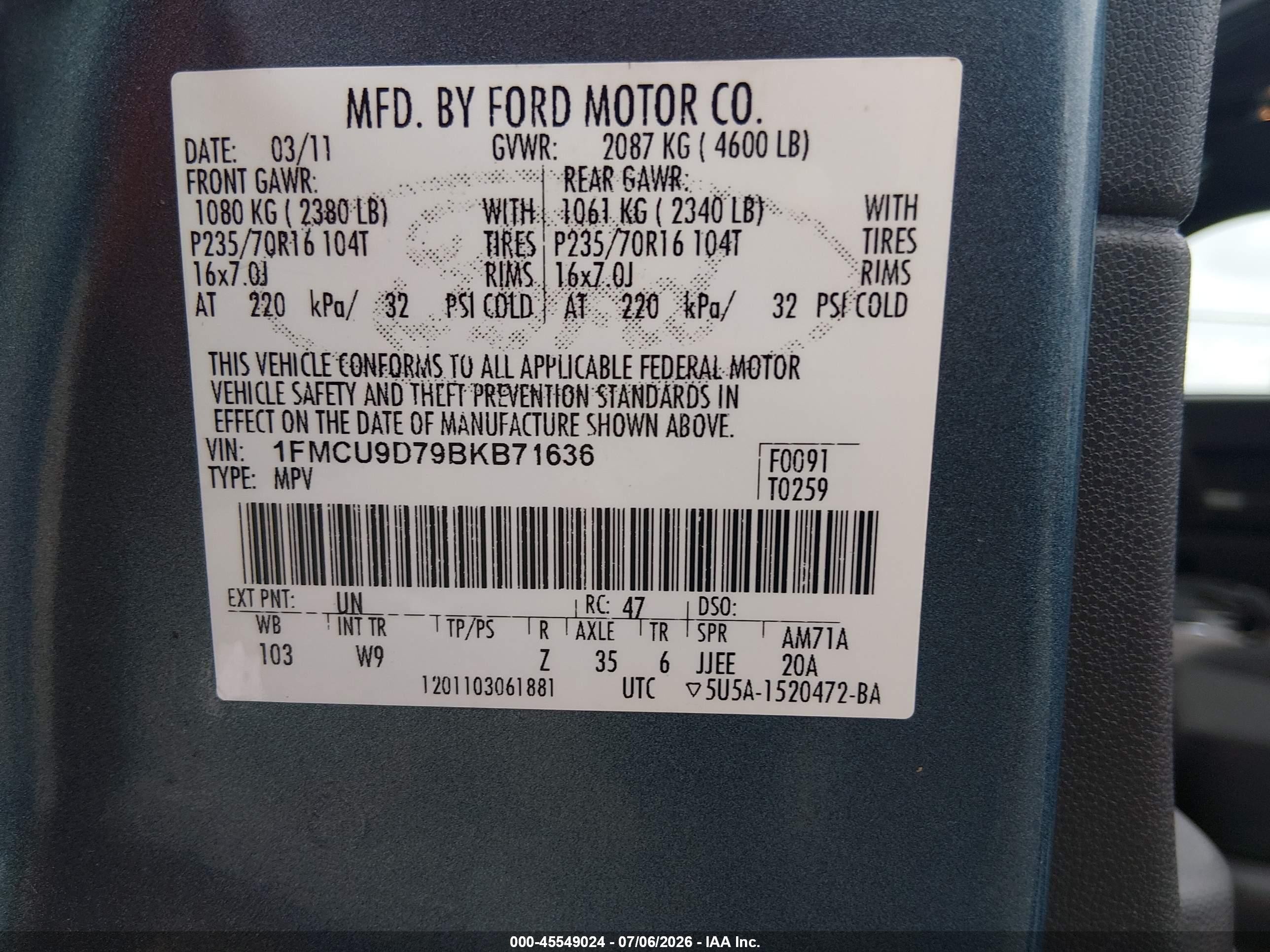 2011 Ford Escape Xlt Blue vin: 1FMCU9D79BKB71636
