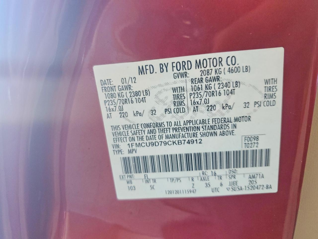 2012 Ford Escape S Burgundy vin: 1FMCU9D79CKB74912