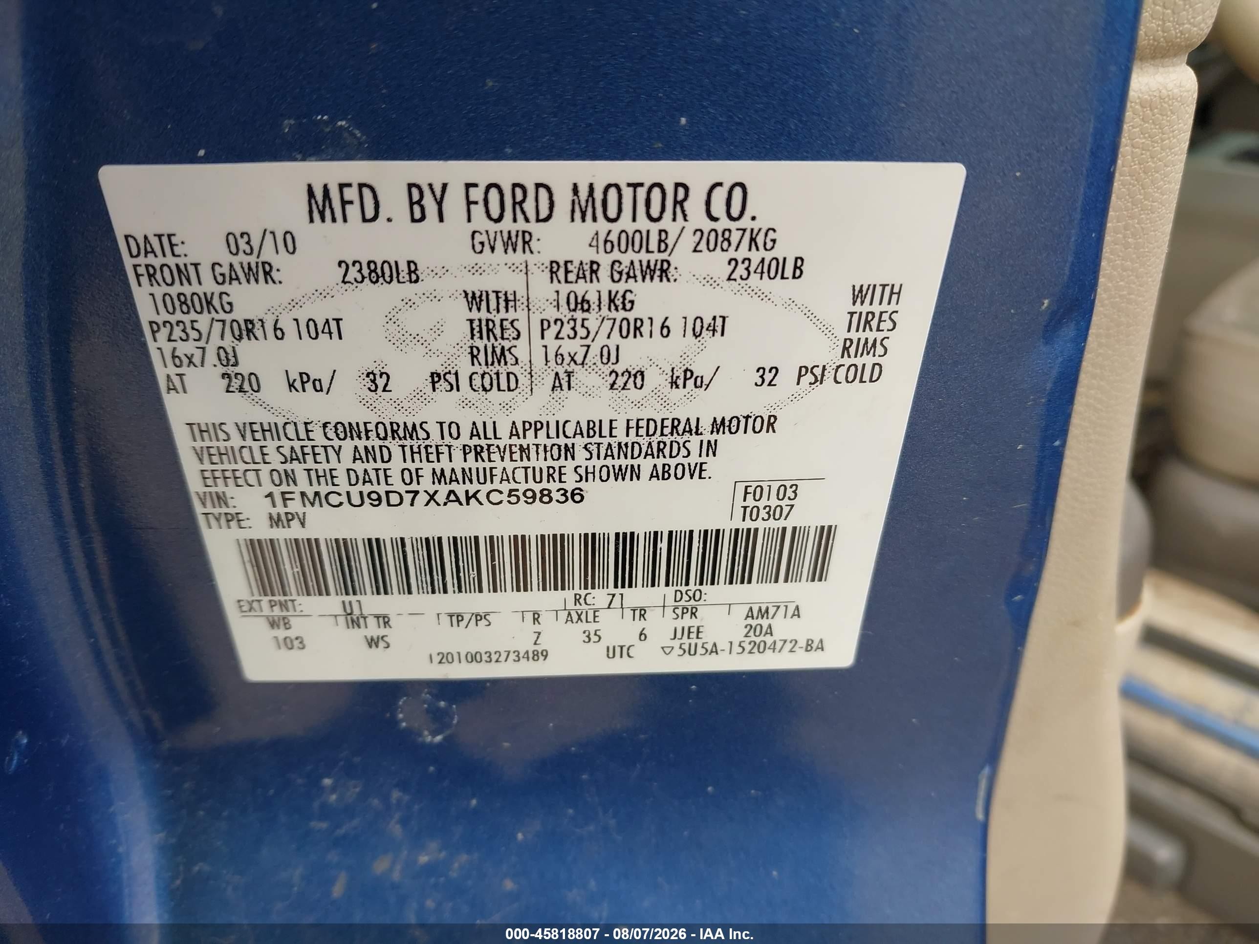 2010 Ford Escape Xlt Blue vin: 1FMCU9D7XAKC59836