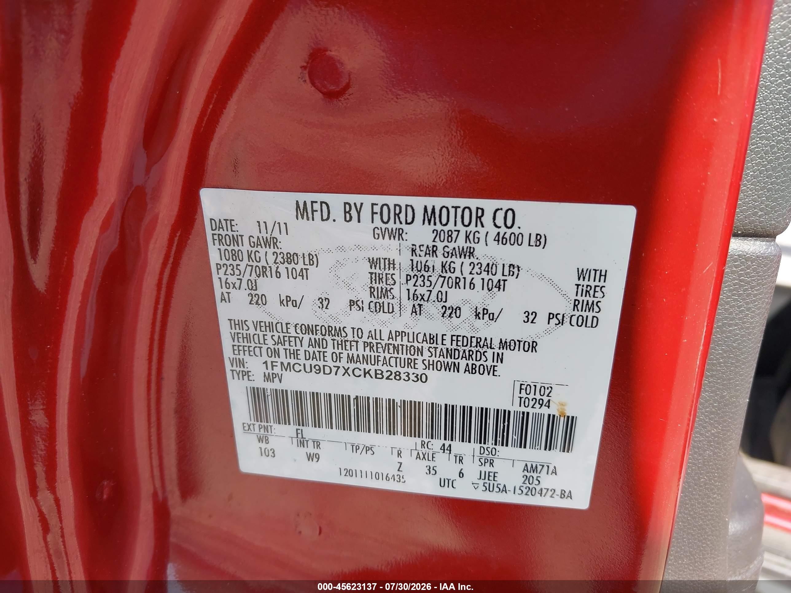 2012 Ford Escape Xlt Red vin: 1FMCU9D7XCKB28330
