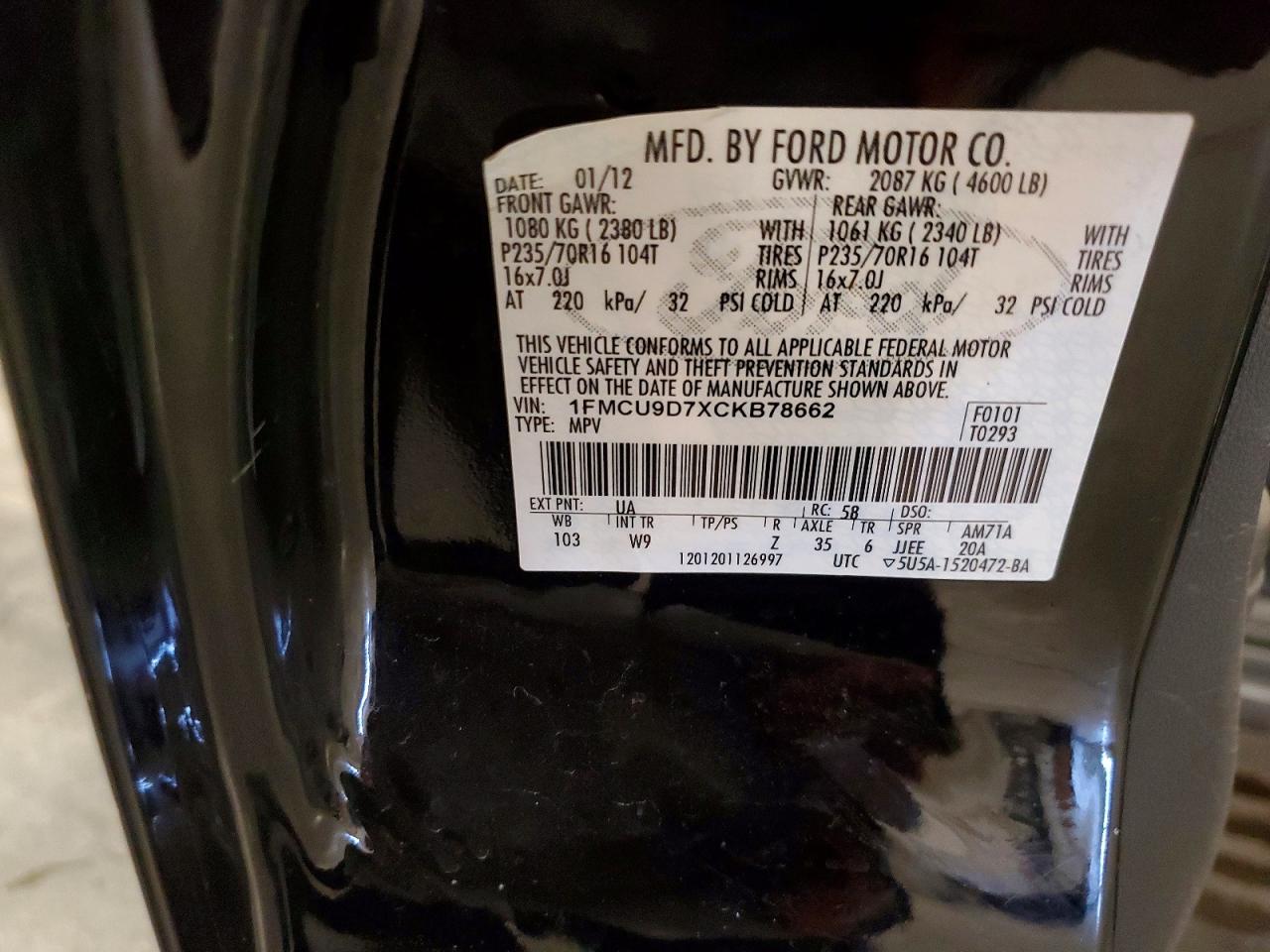 2012 Ford Escape Xlt Black vin: 1FMCU9D7XCKB78662