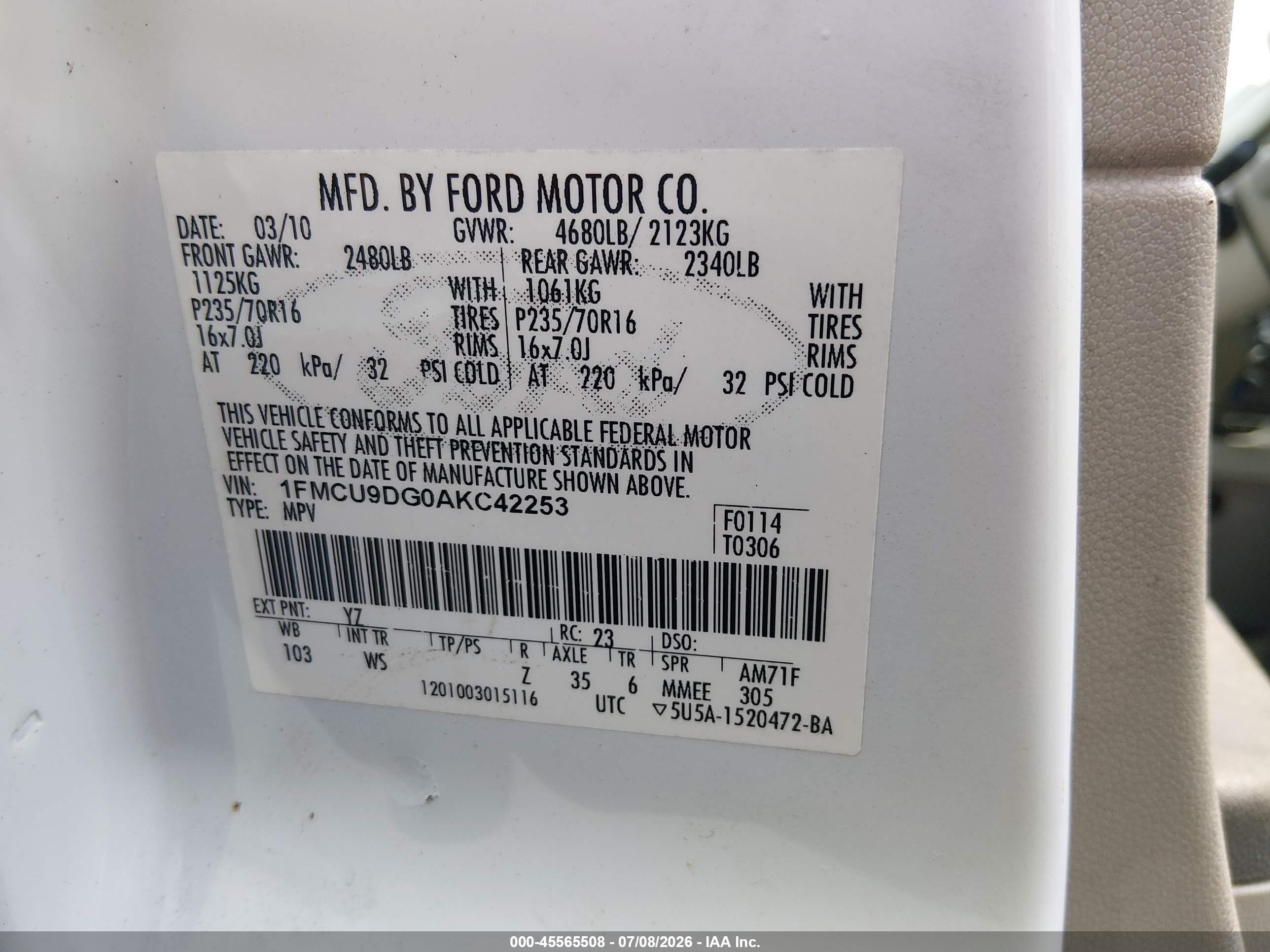2010 Ford Escape Xlt White vin: 1FMCU9DG0AKC42253