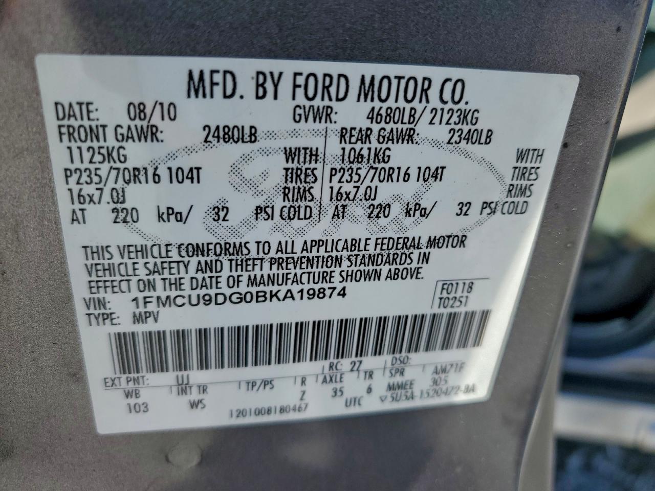 2011 Ford Escape Xlt Серый vin: 1FMCU9DG0BKA19874