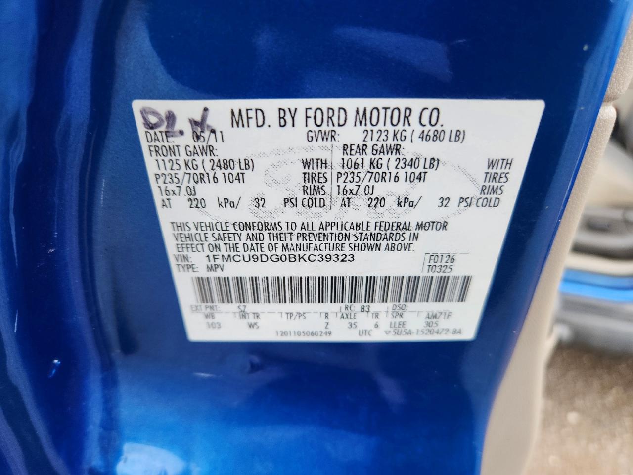 2011 Ford Escape Xlt Blue vin: 1FMCU9DG0BKC39323