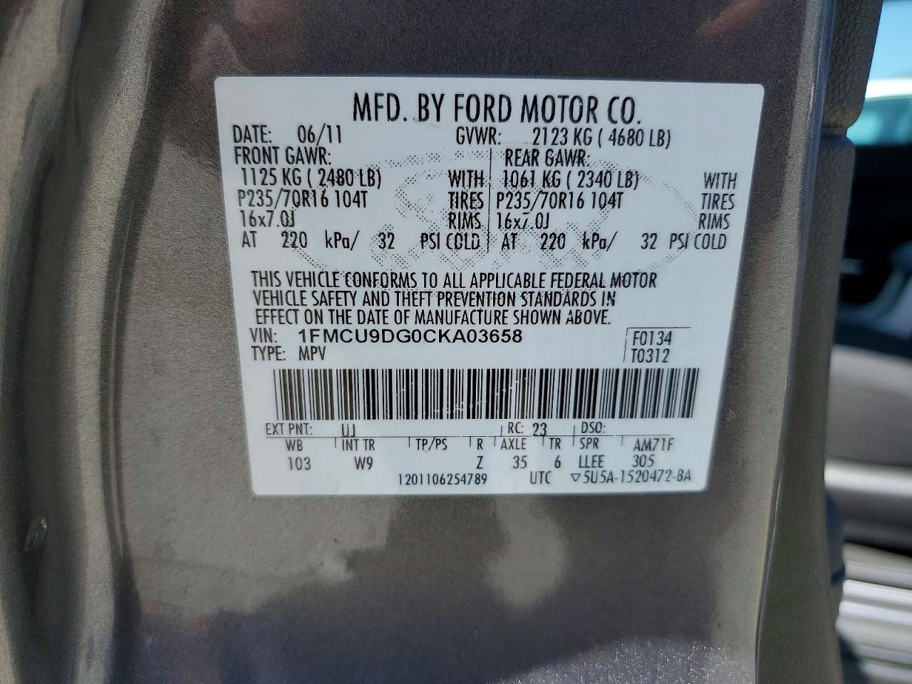 2012 Ford Escape Xlt Gray vin: 1FMCU9DG0CKA03658