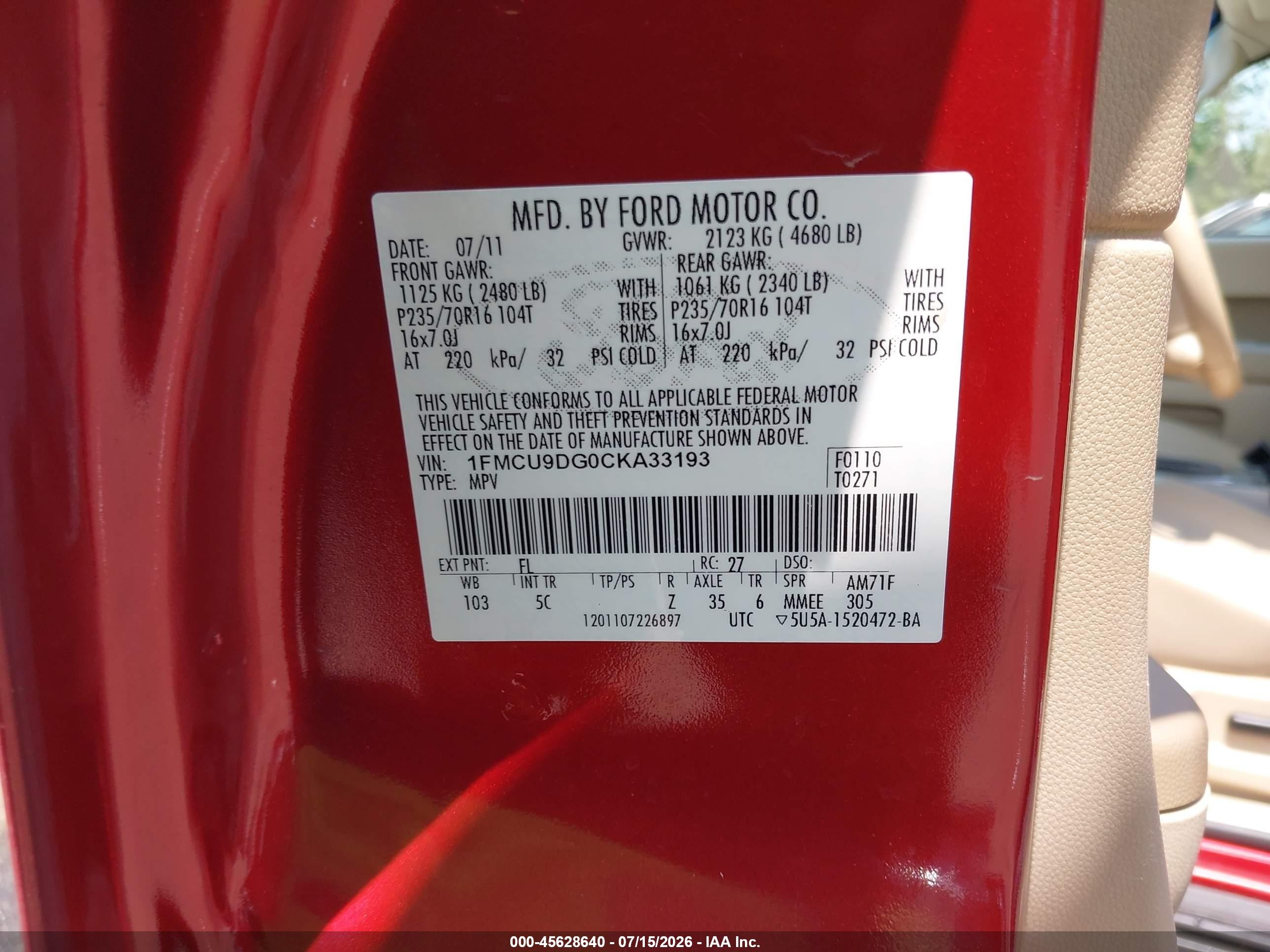2012 Ford Escape Xlt Red vin: 1FMCU9DG0CKA33193