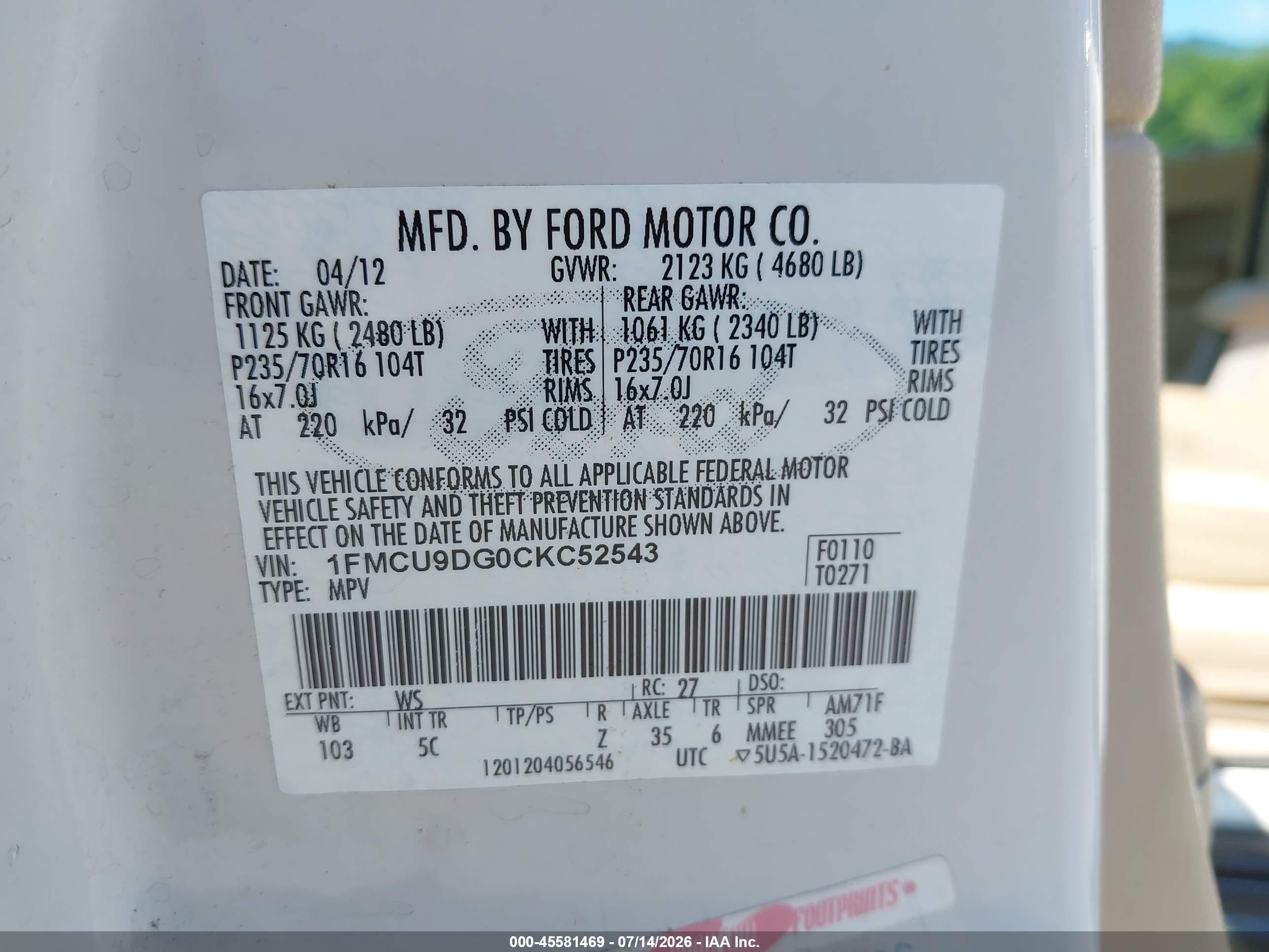 2012 Ford Escape Xlt Белый vin: 1FMCU9DG0CKC52543