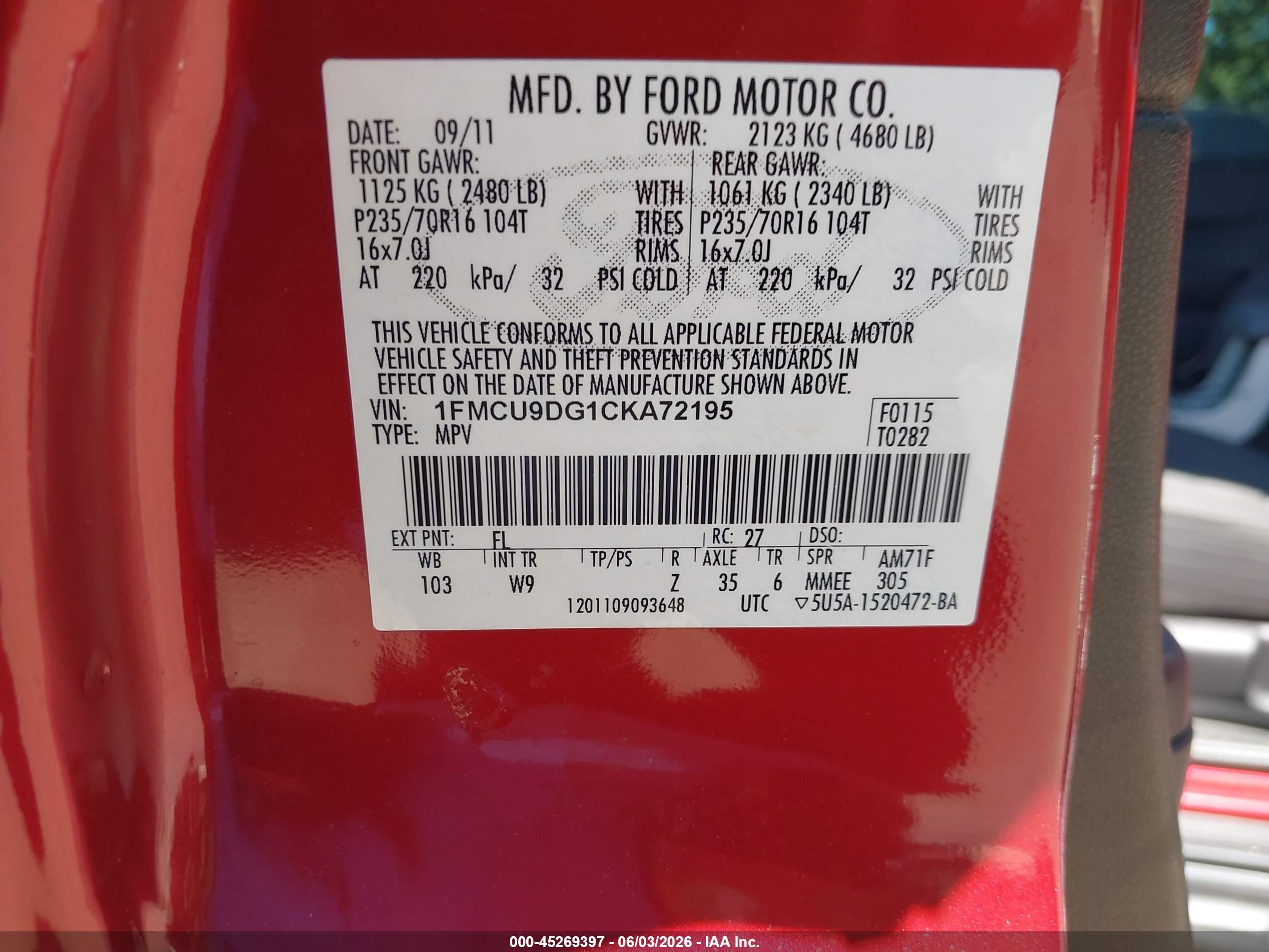 2012 Ford Escape Xlt Red vin: 1FMCU9DG1CKA72195