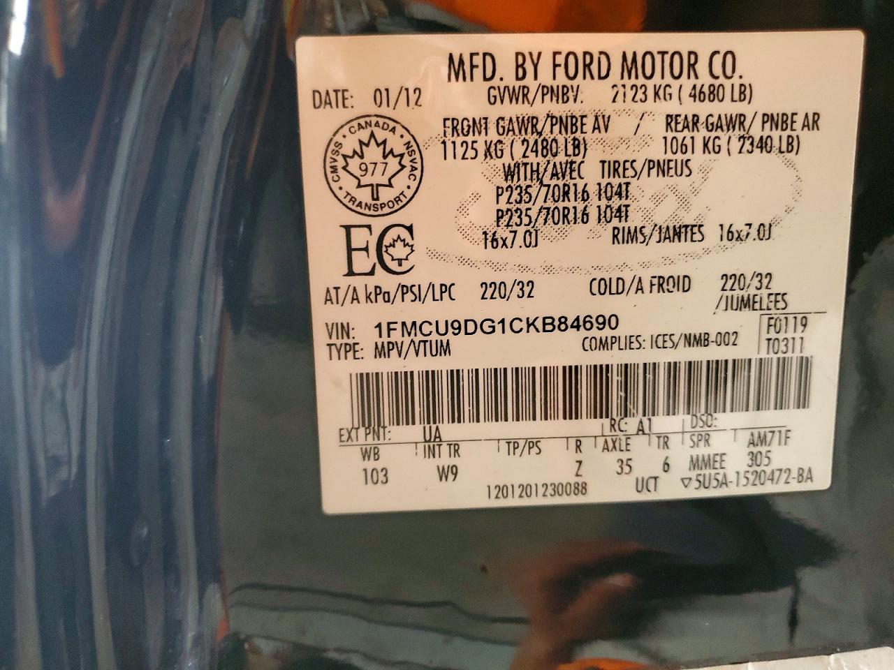 2012 Ford Escape Xlt Black vin: 1FMCU9DG1CKB84690