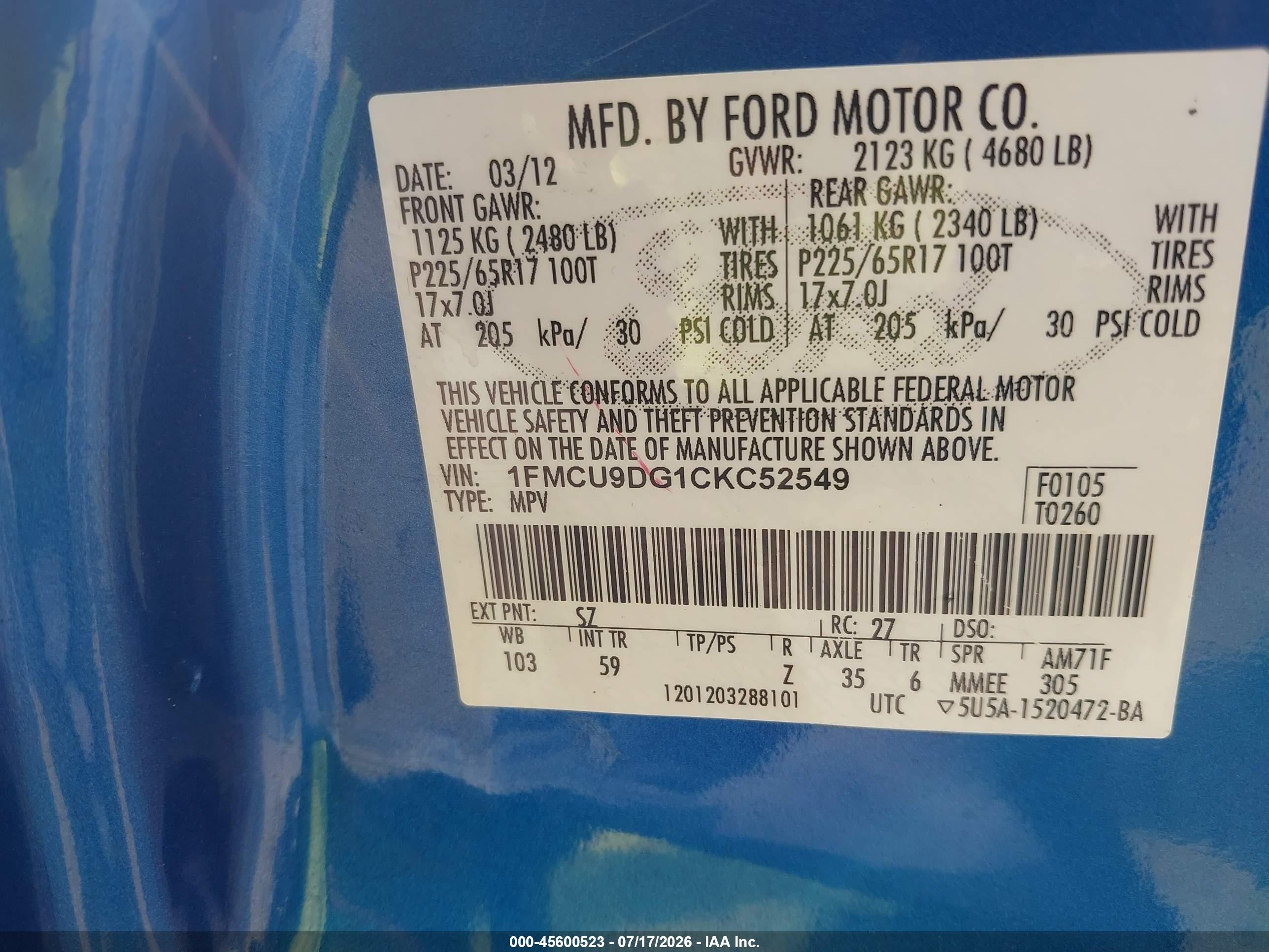 2012 Ford Escape Xlt Blue vin: 1FMCU9DG1CKC52549