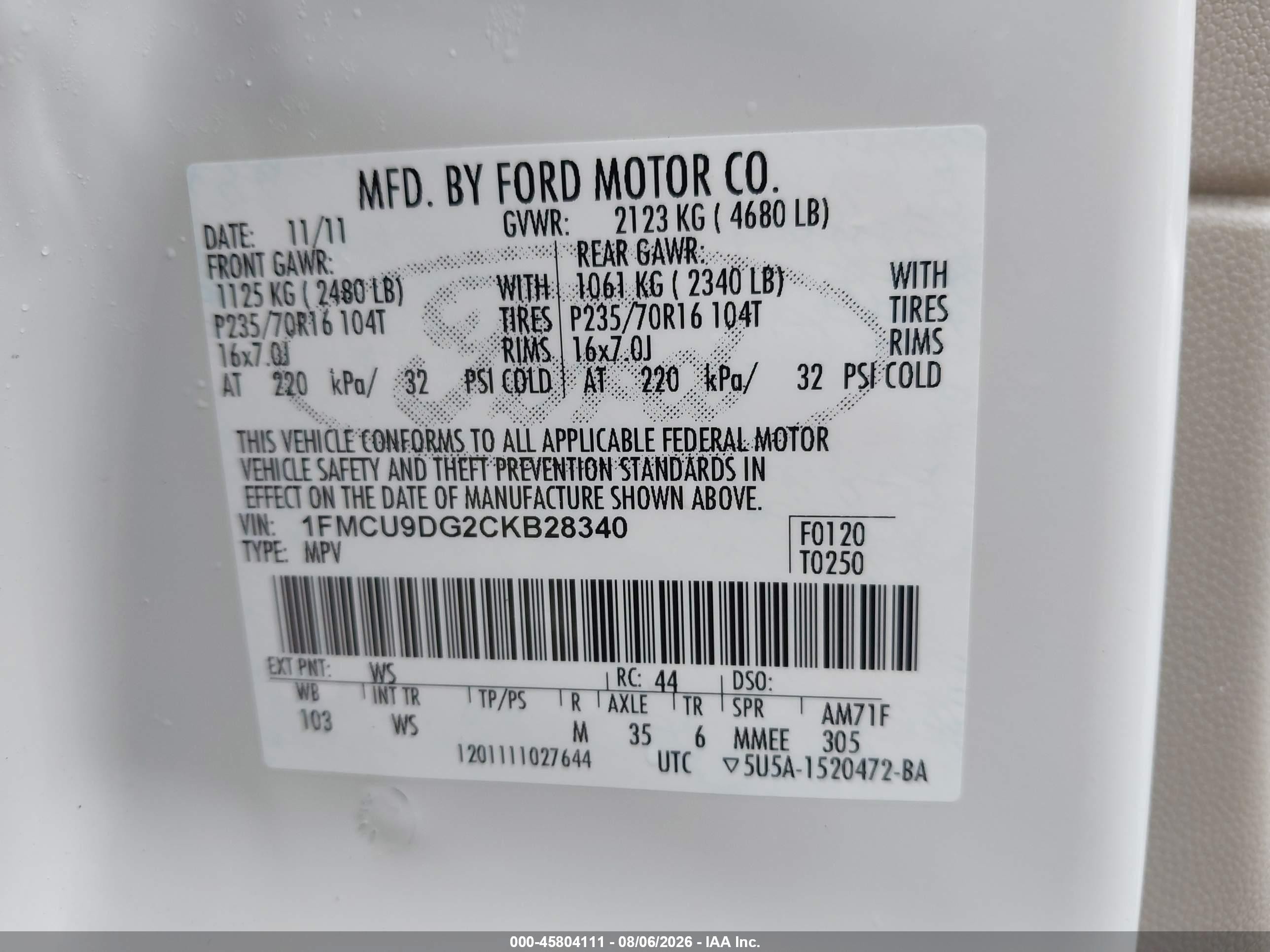 2012 Ford Escape Xlt White vin: 1FMCU9DG2CKB28340