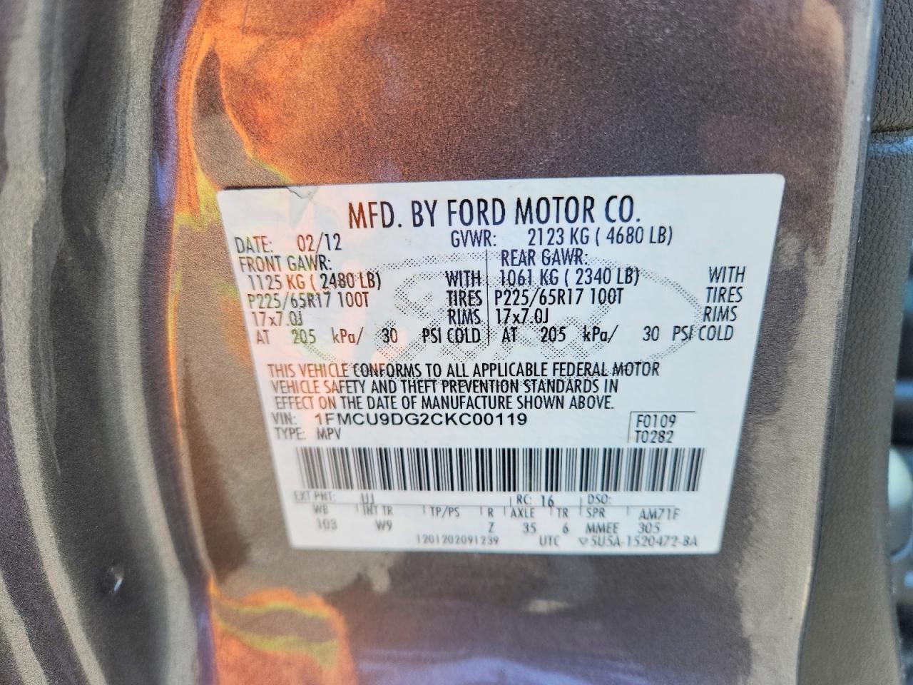 2012 Ford Escape Xlt Charcoal vin: 1FMCU9DG2CKC00119