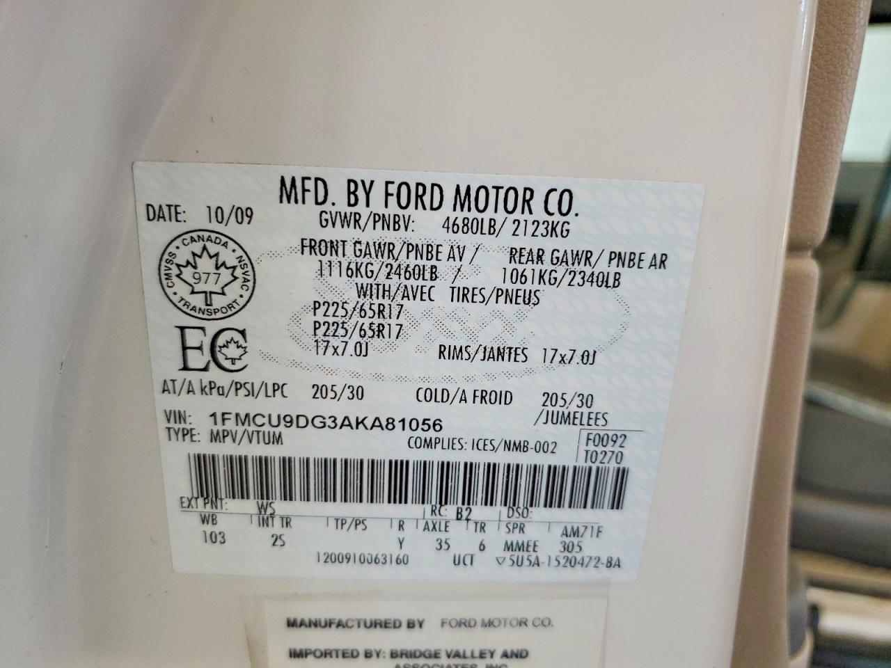 2010 Ford Escape Xlt Белый vin: 1FMCU9DG3AKA81056