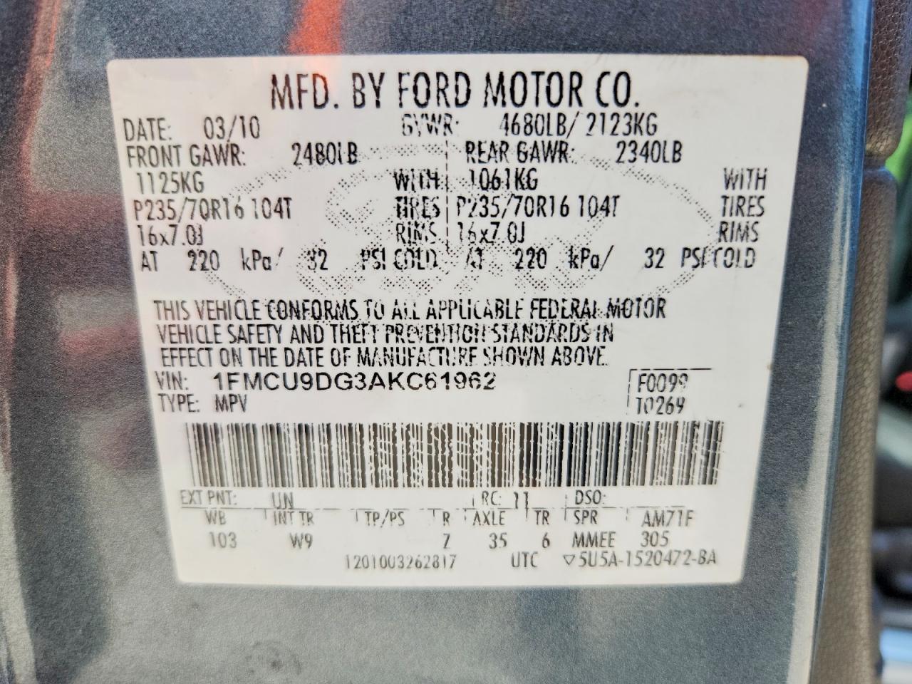 2010 Ford Escape Xlt Blue vin: 1FMCU9DG3AKC61962
