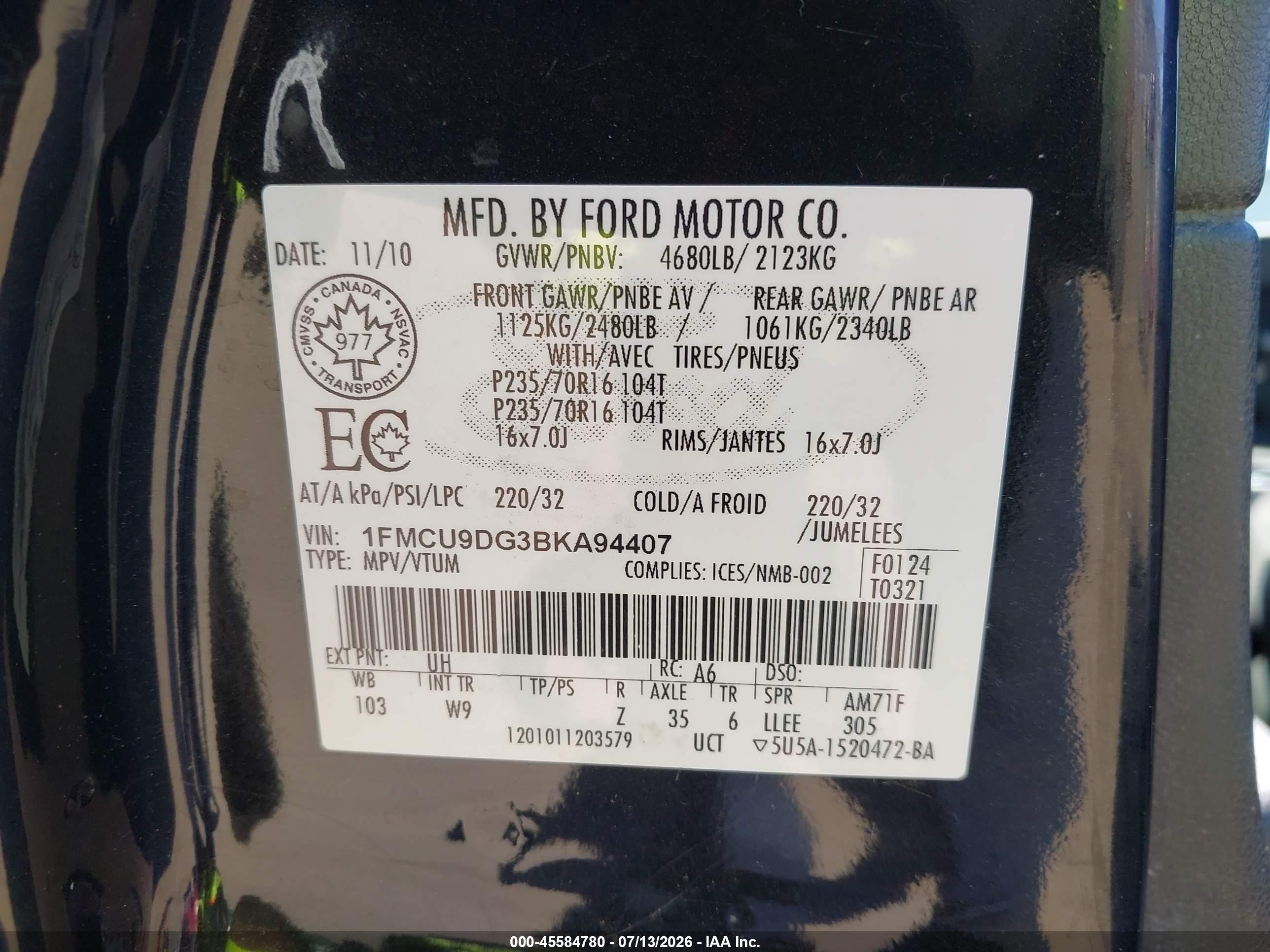 2011 Ford Escape Xlt Automatic Black vin: 1FMCU9DG3BKA94407