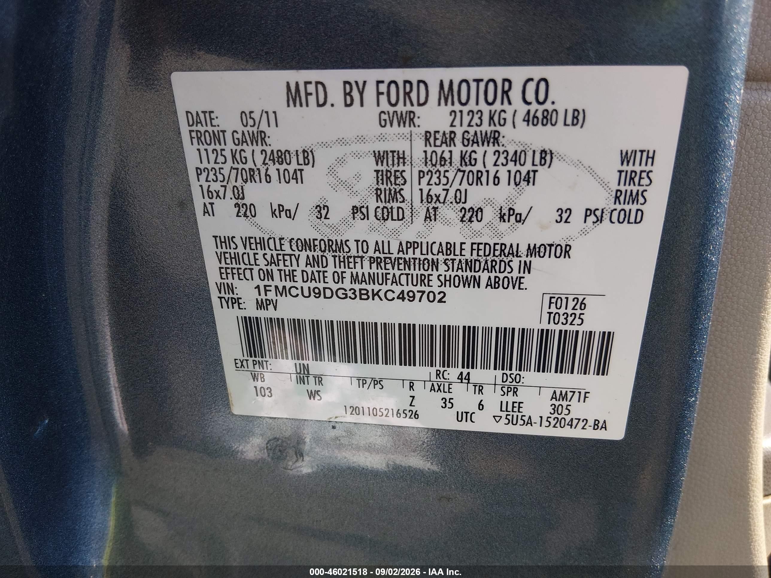 2011 Ford Escape Xlt Blue vin: 1FMCU9DG3BKC49702