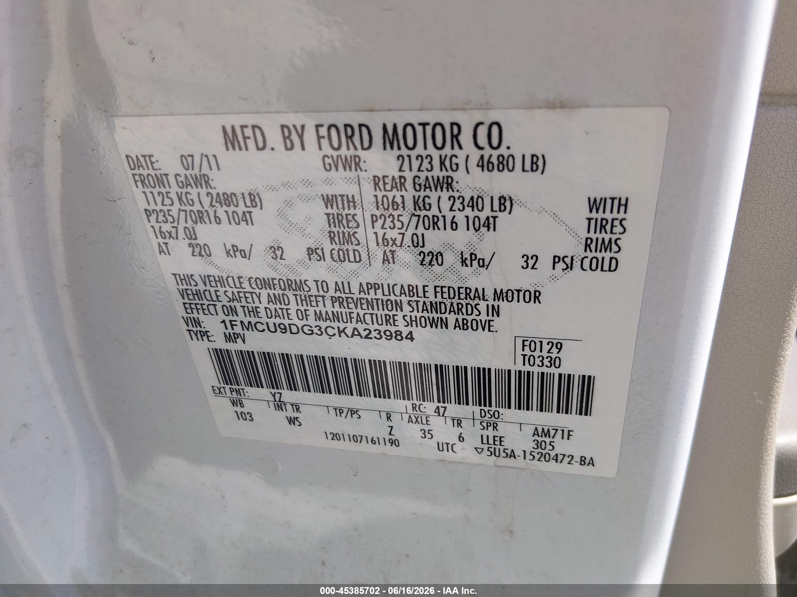 2012 Ford Escape Xlt White vin: 1FMCU9DG3CKA23984