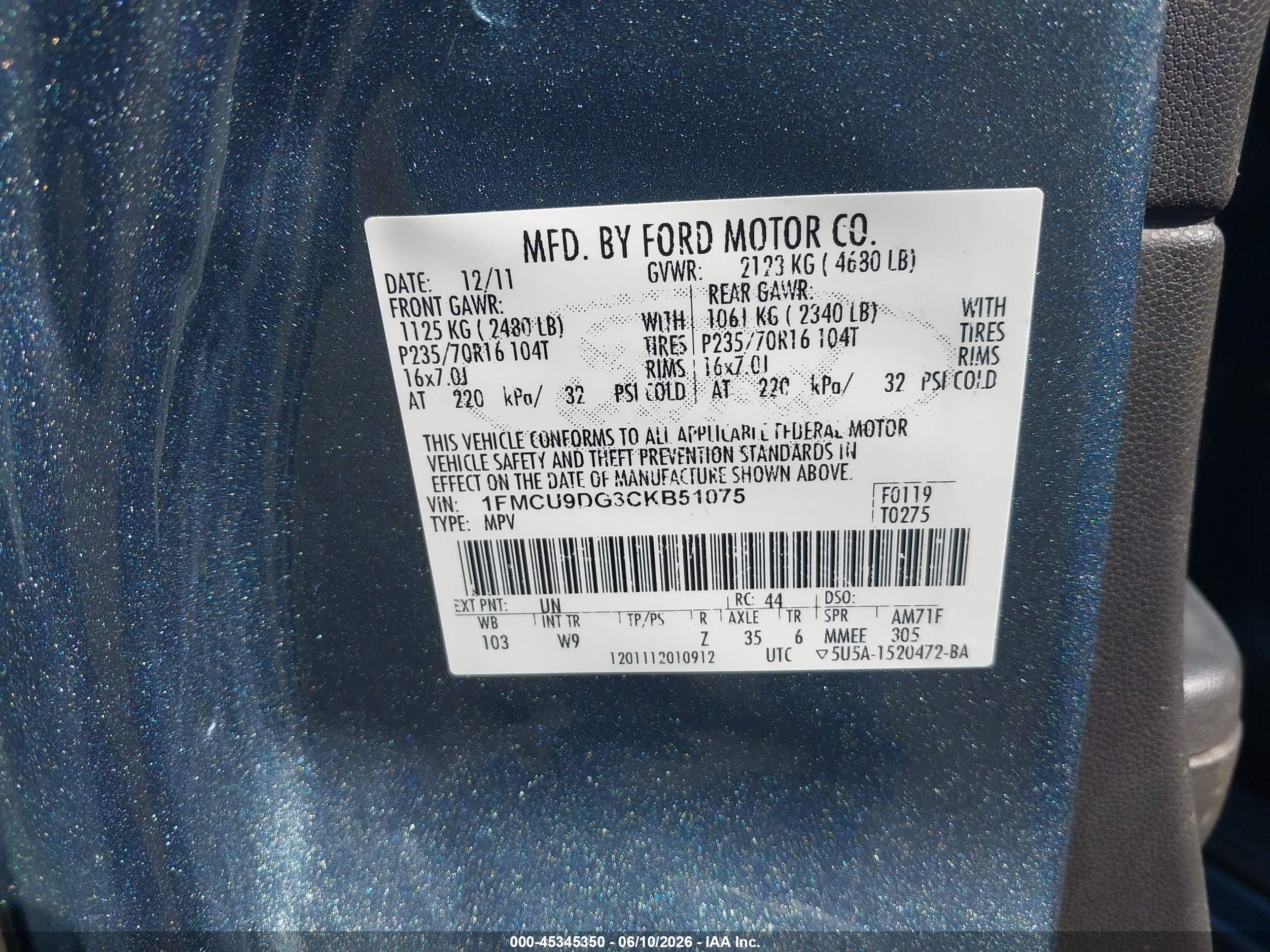 2012 Ford Escape Xlt Blue vin: 1FMCU9DG3CKB51075