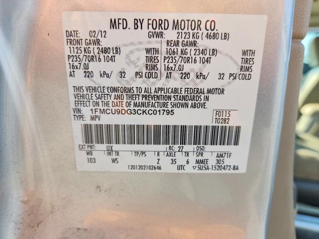 2012 Ford Escape Xlt Silver vin: 1FMCU9DG3CKC01795