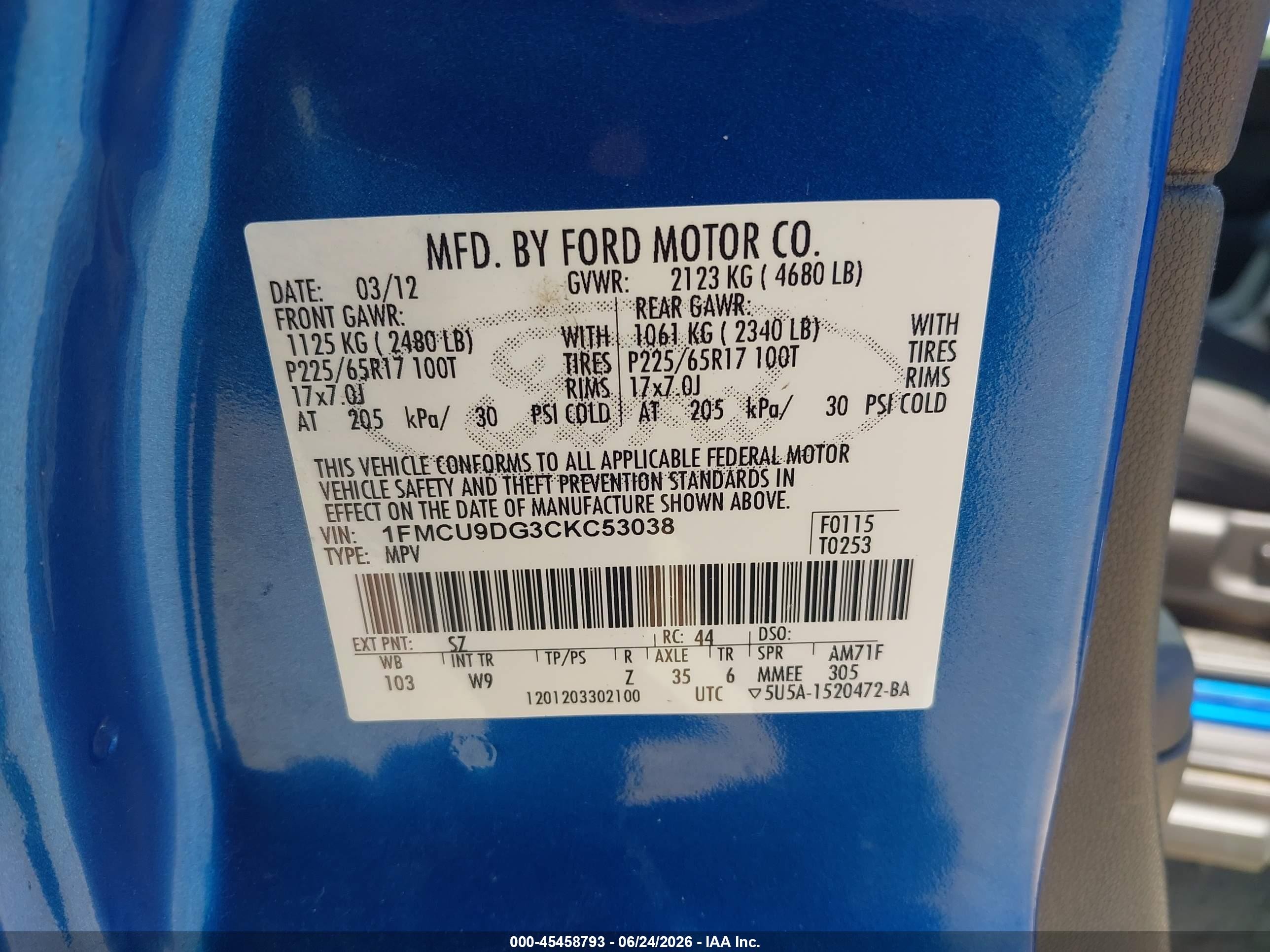 2012 Ford Escape Xlt Blue vin: 1FMCU9DG3CKC53038