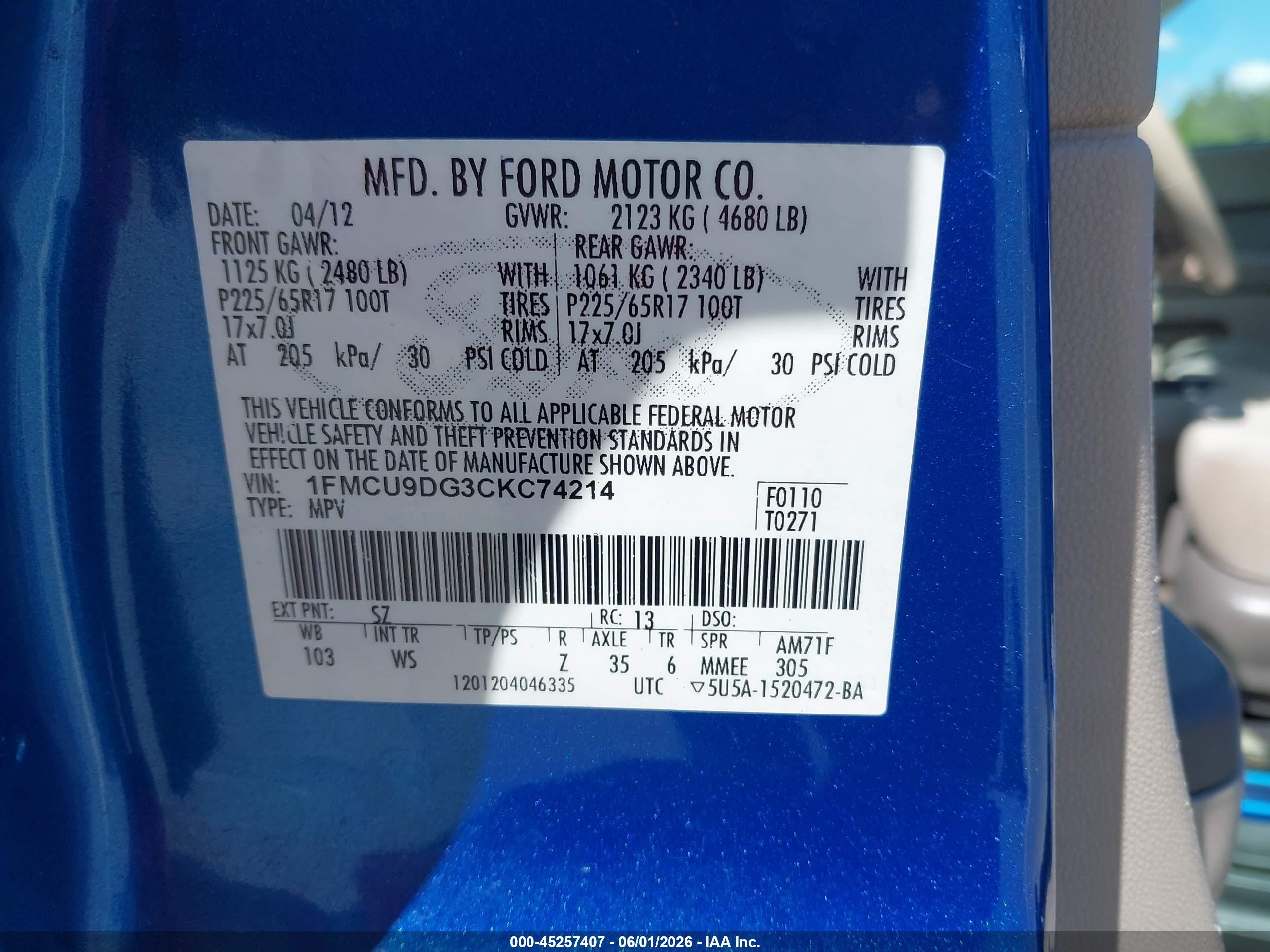 2012 Ford Escape Xlt Blue vin: 1FMCU9DG3CKC74214