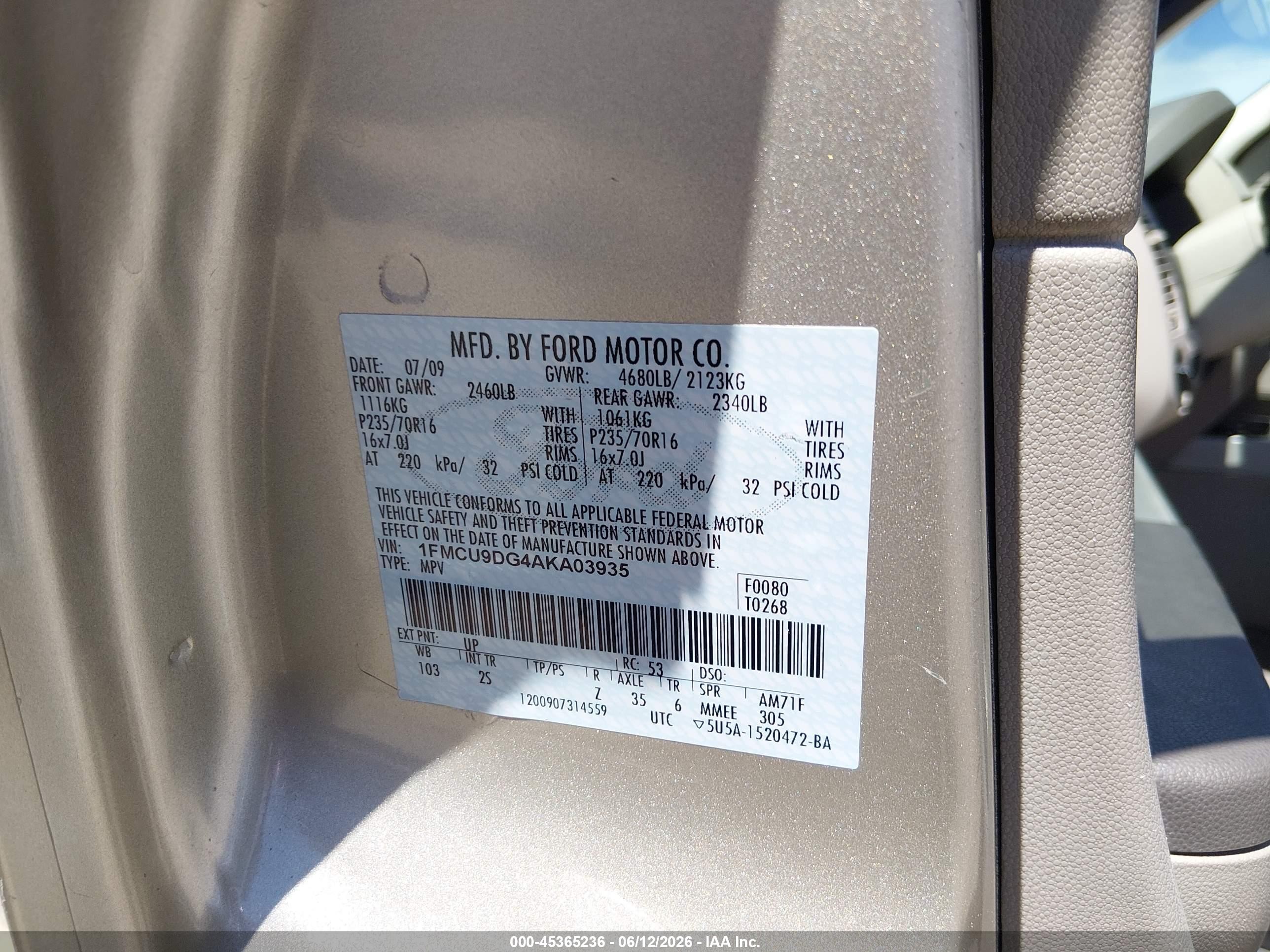 2010 Ford Escape Xlt Champagne vin: 1FMCU9DG4AKA03935