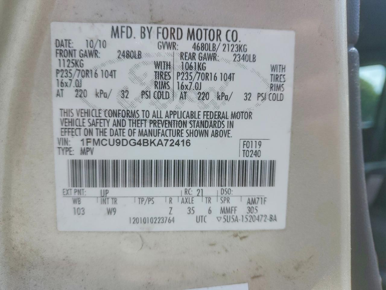 2011 Ford Escape Xlt Cream vin: 1FMCU9DG4BKA72416