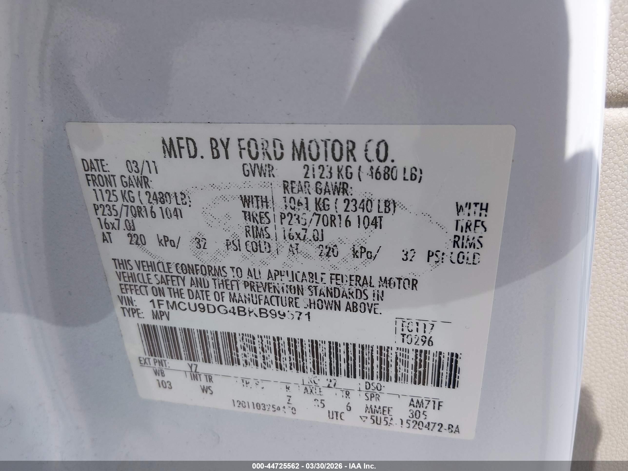2011 Ford Escape Xlt Белый vin: 1FMCU9DG4BKB99571