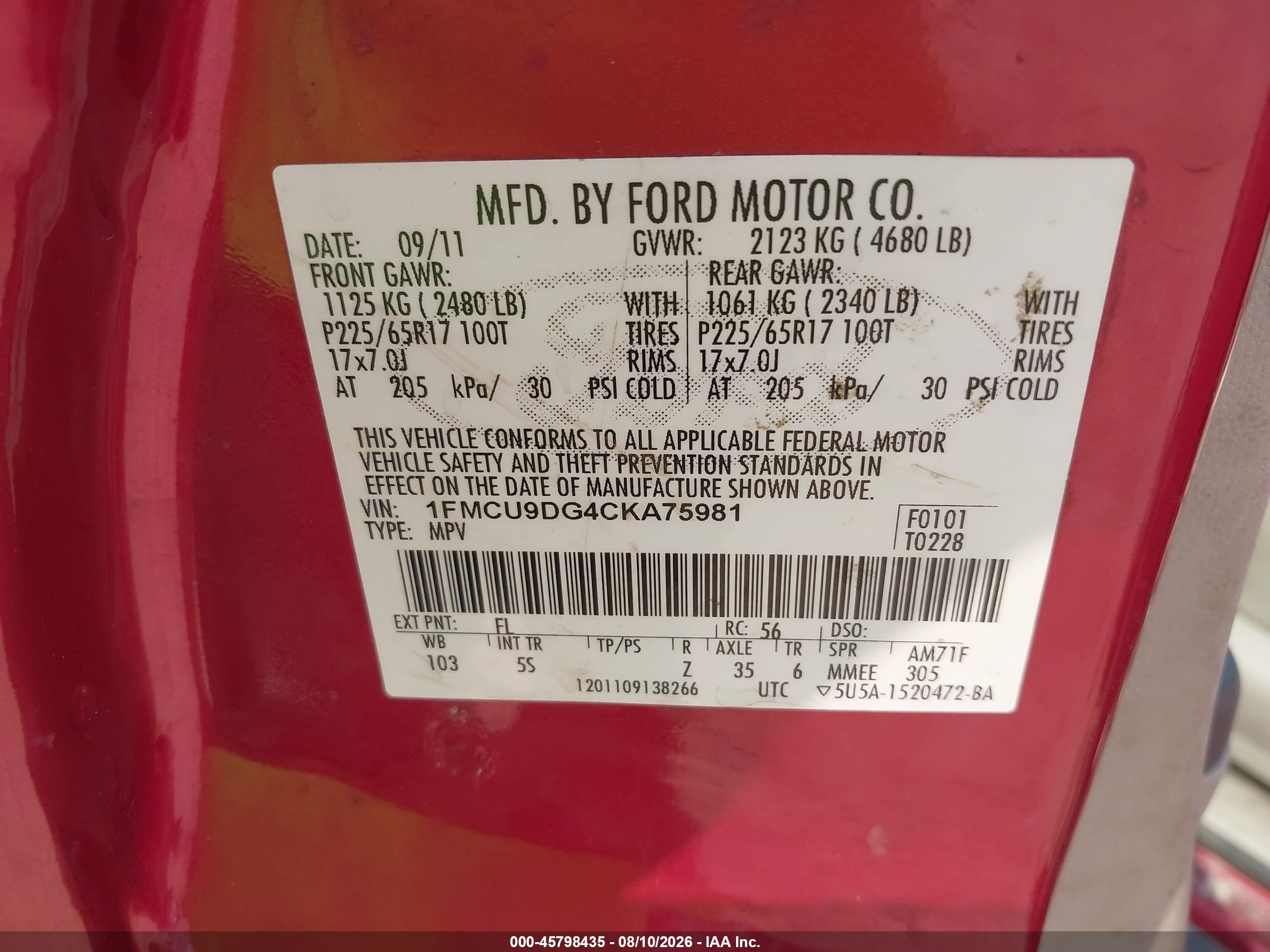 2012 Ford Escape Xlt Red vin: 1FMCU9DG4CKA75981