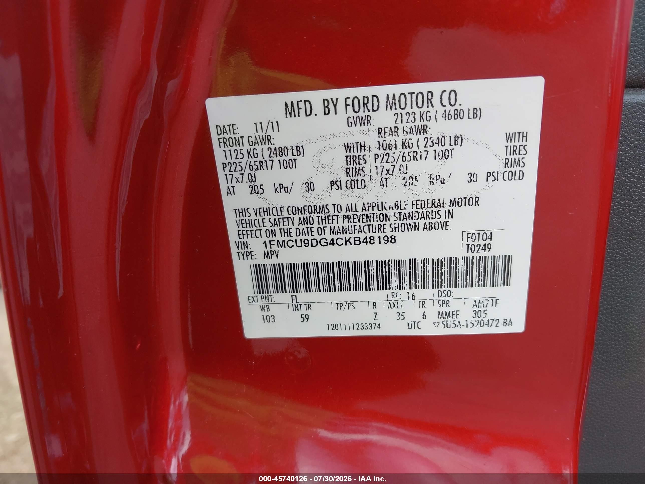 2012 Ford Escape Xlt Red vin: 1FMCU9DG4CKB48198