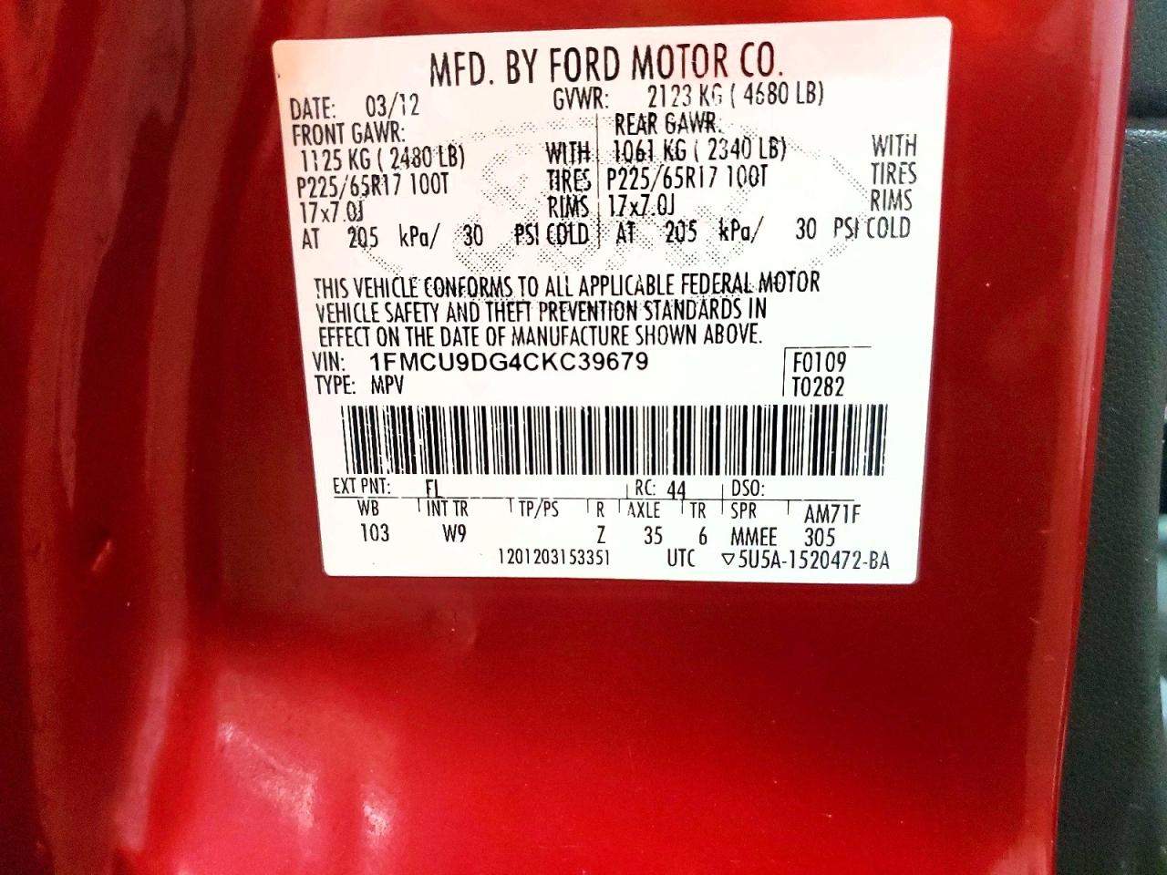 2012 Ford Escape Xlt Red vin: 1FMCU9DG4CKC39679