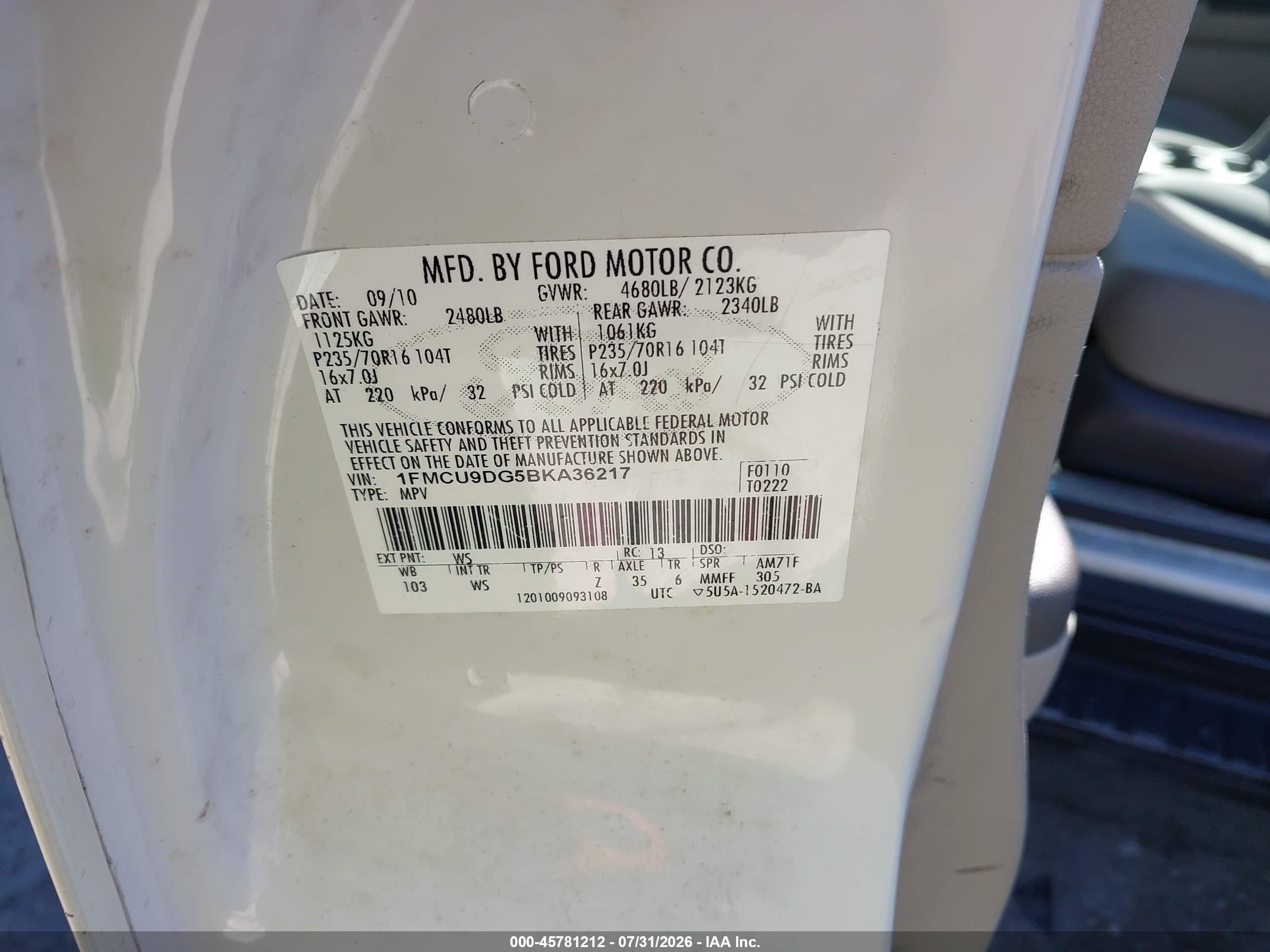 2011 Ford Escape Xlt White vin: 1FMCU9DG5BKA36217
