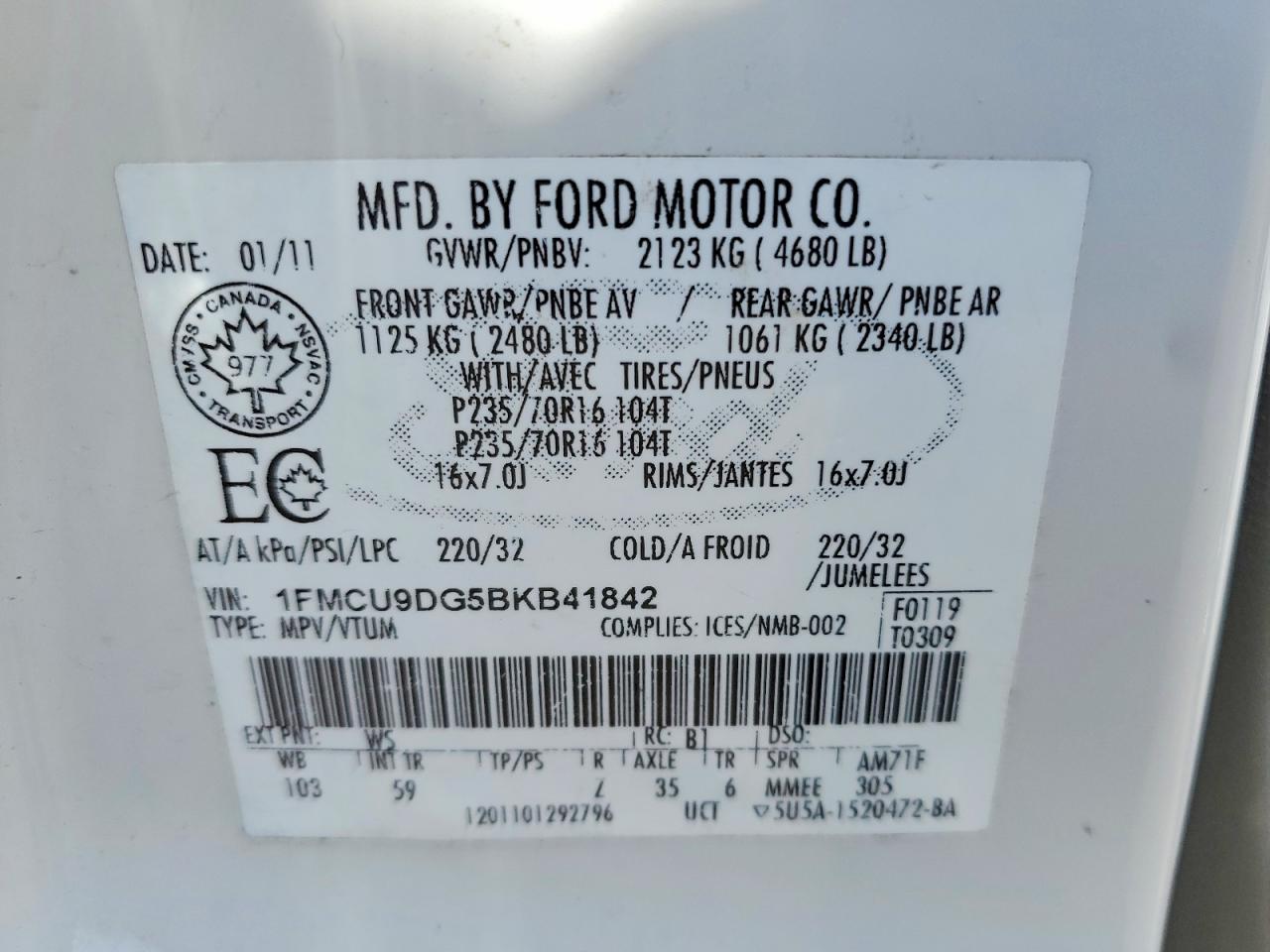 2011 Ford Escape Xlt White vin: 1FMCU9DG5BKB41842