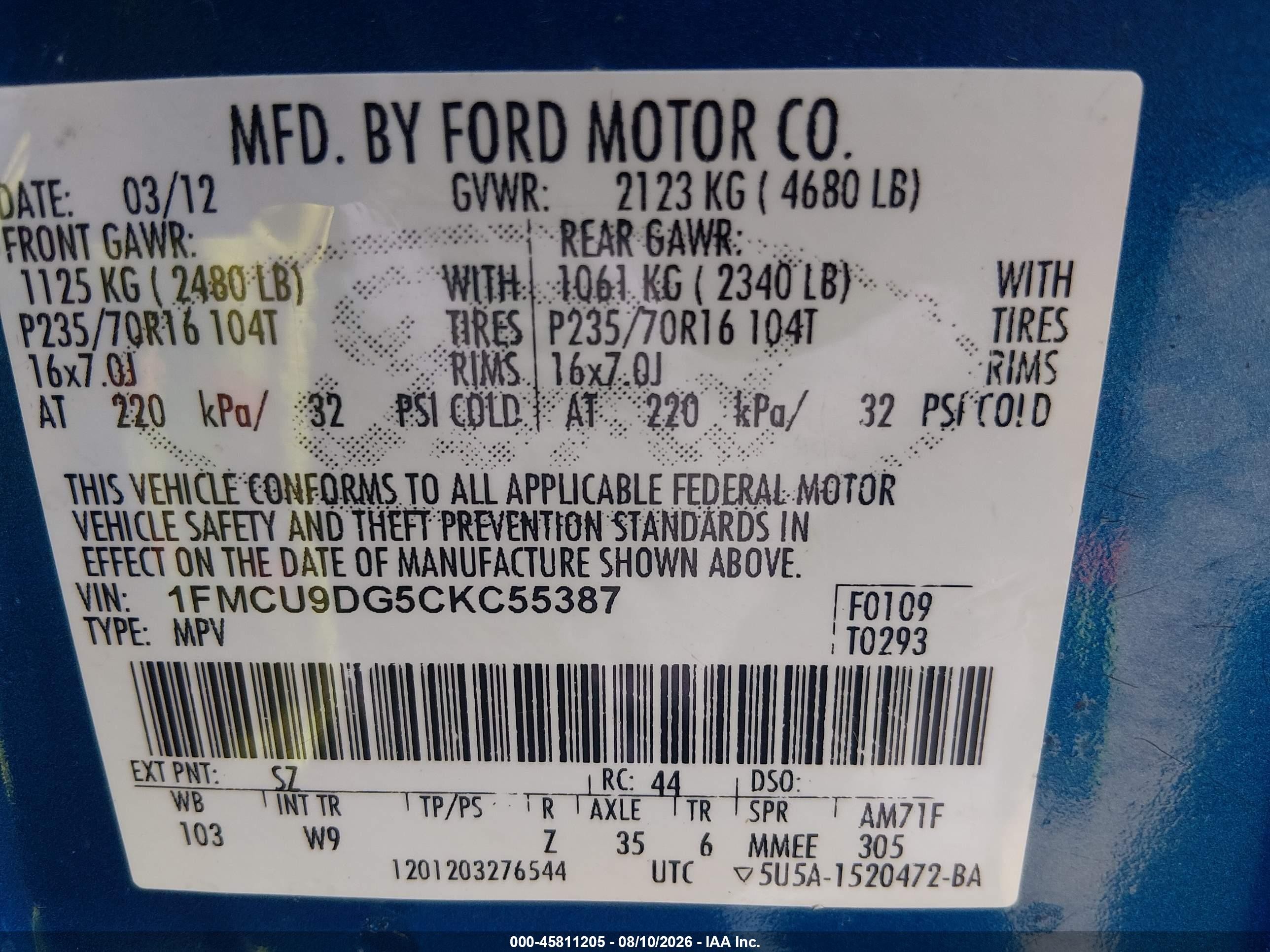 2012 Ford Escape Xlt Blue vin: 1FMCU9DG5CKC55387