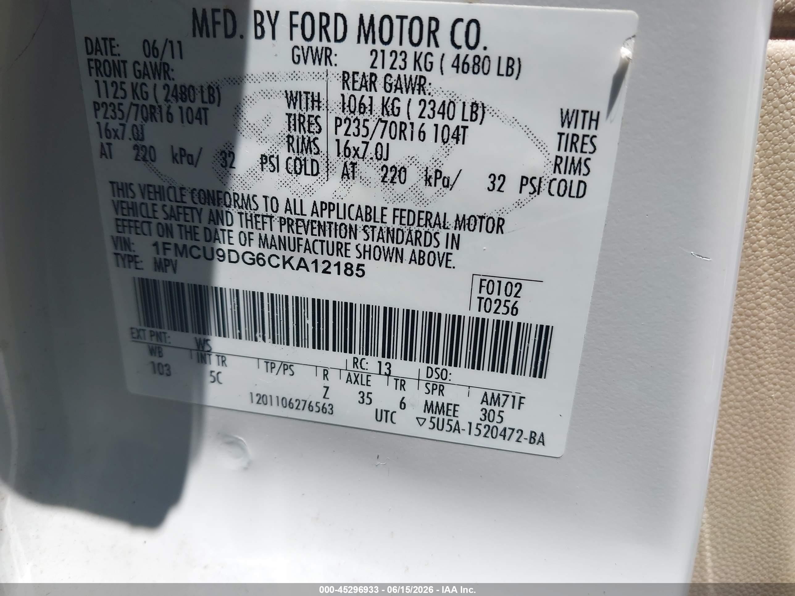 2012 Ford Escape Xlt White vin: 1FMCU9DG6CKA12185