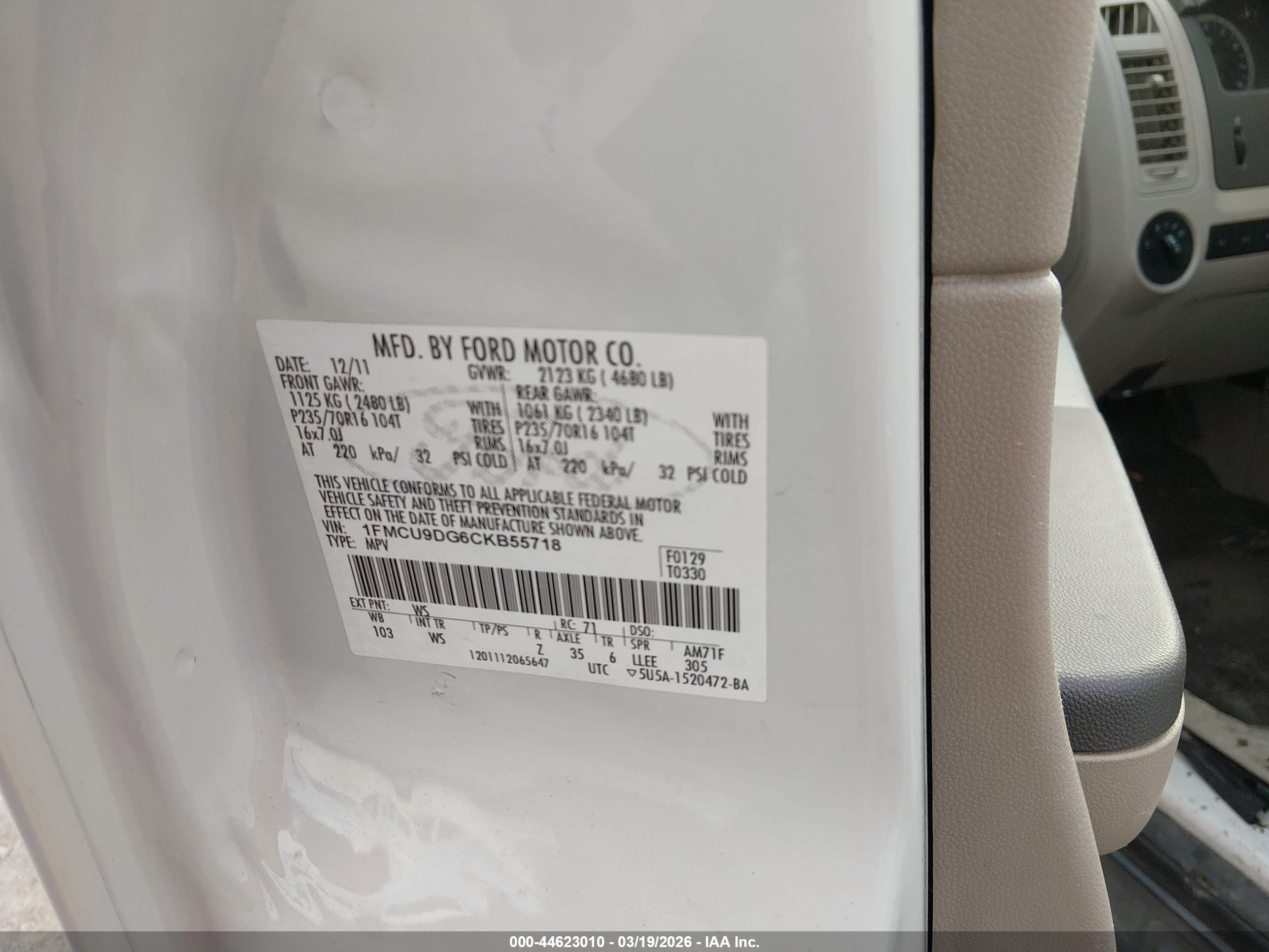 2012 Ford Escape Xlt White vin: 1FMCU9DG6CKB55718