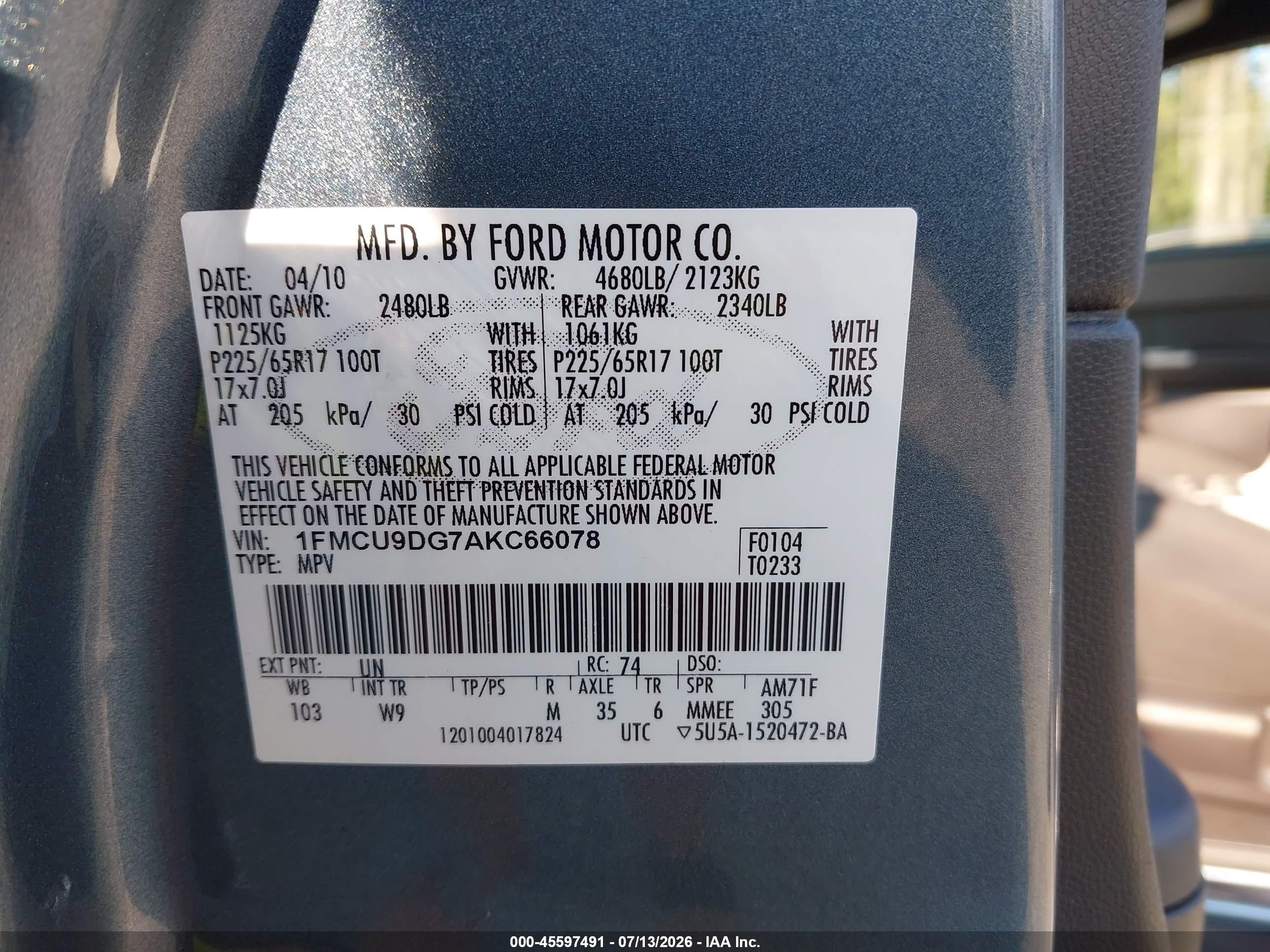 2010 Ford Escape Xlt Blue vin: 1FMCU9DG7AKC66078