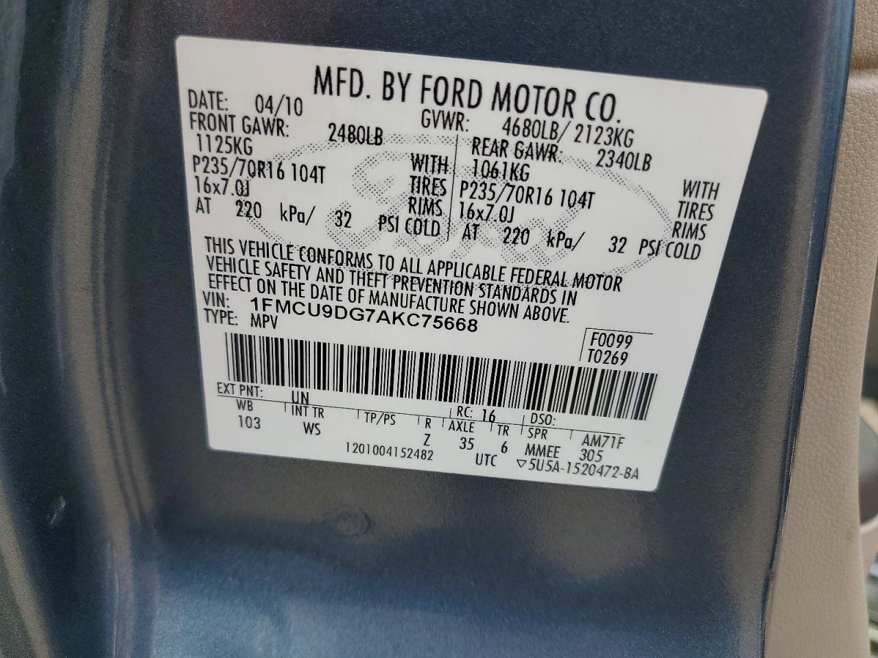 2010 Ford Escape Xlt Blue vin: 1FMCU9DG7AKC75668