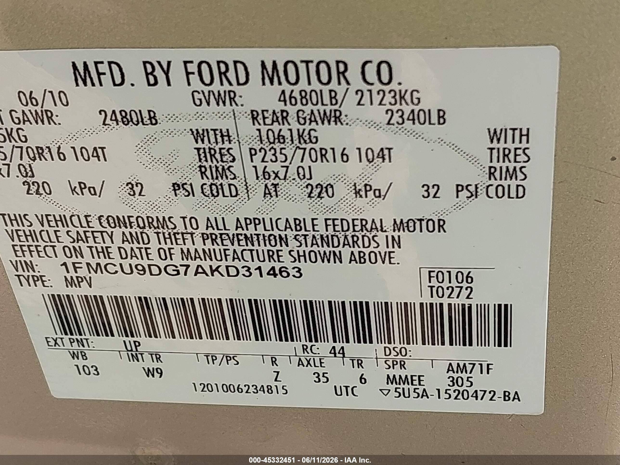 2010 Ford Escape Xlt Beige vin: 1FMCU9DG7AKD31463