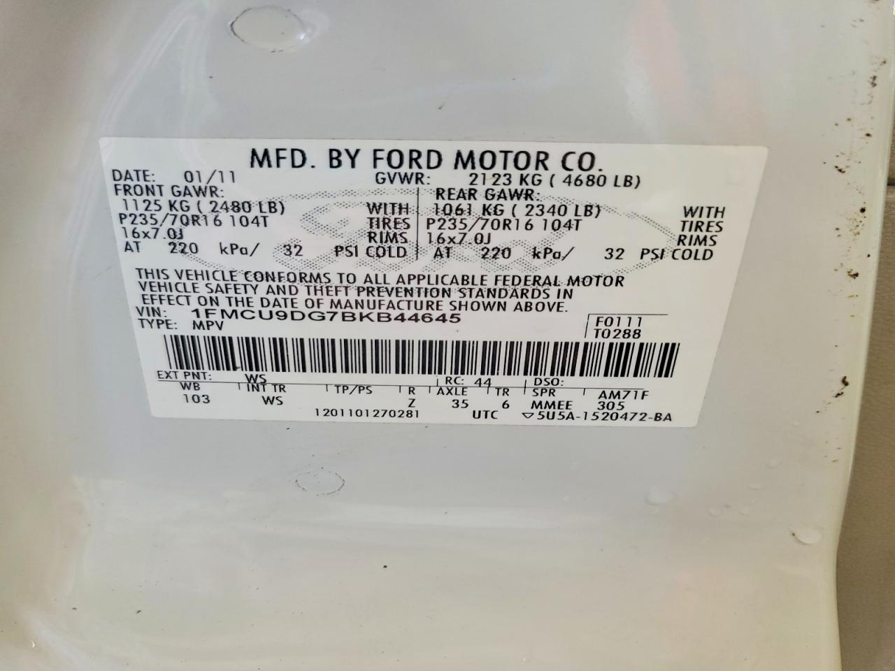 2011 Ford Escape Xlt White vin: 1FMCU9DG7BKB44645