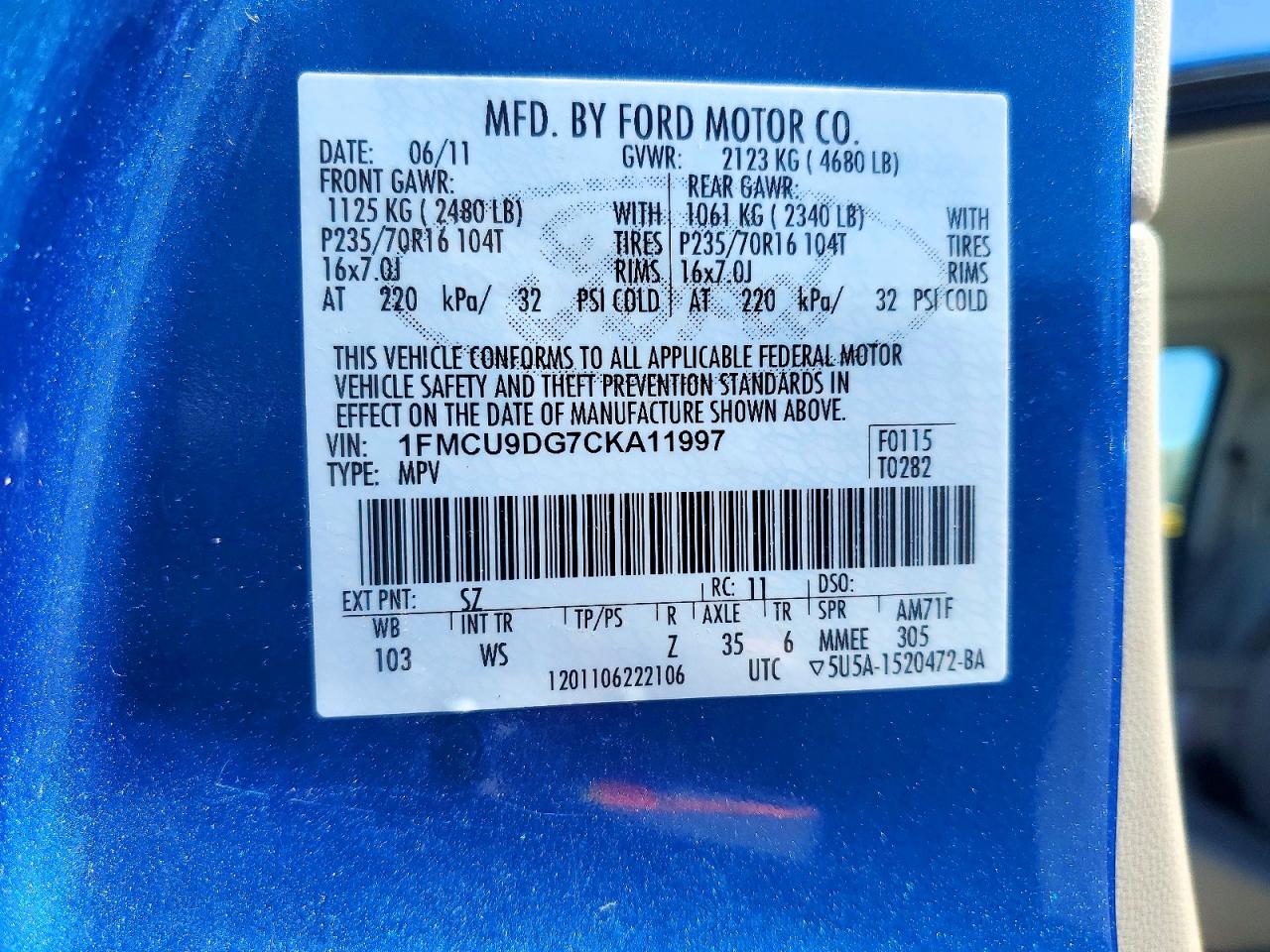 2012 Ford Escape Xlt Blue vin: 1FMCU9DG7CKA11997