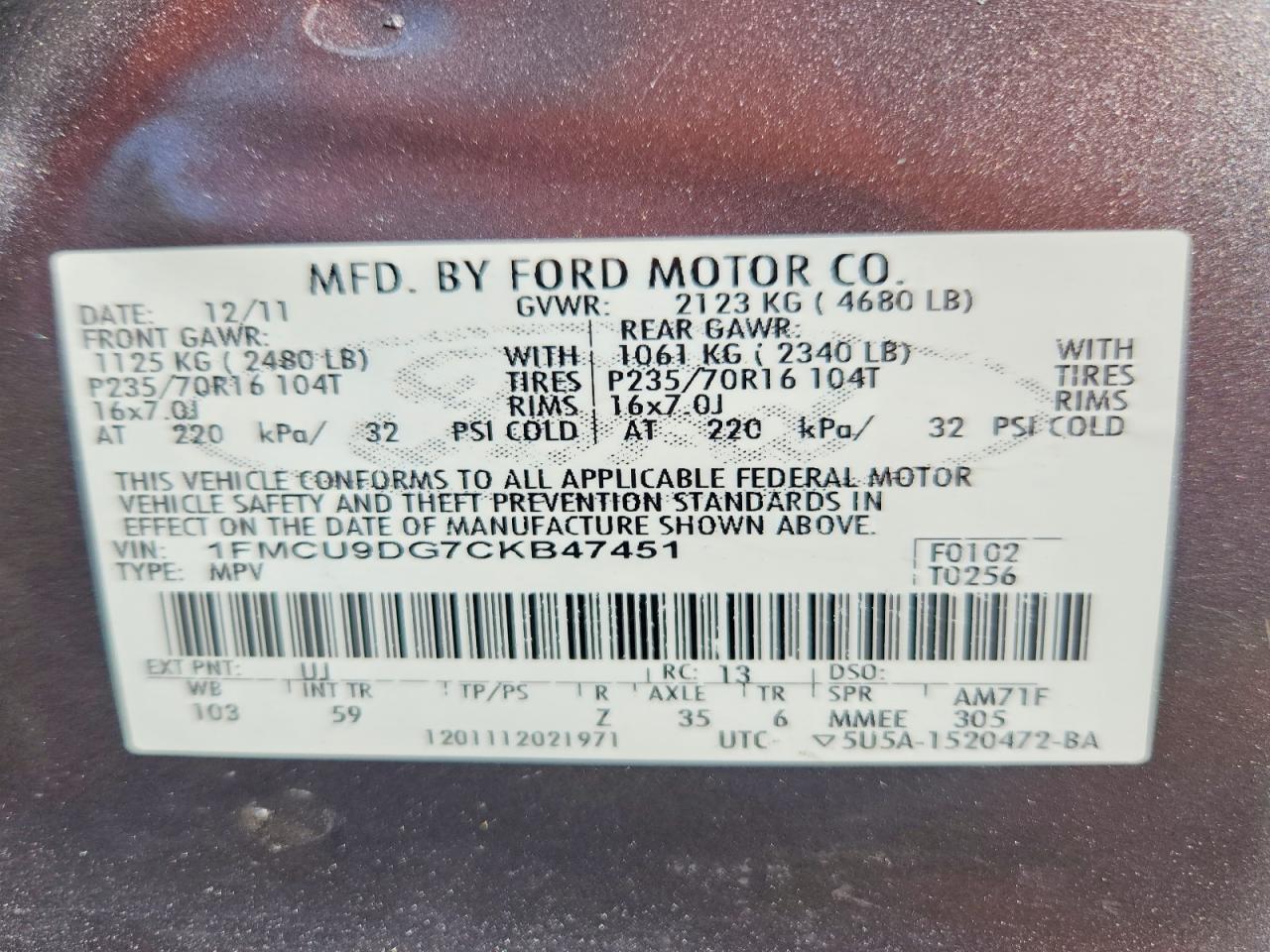 2012 Ford Escape Xlt Gray vin: 1FMCU9DG7CKB47451