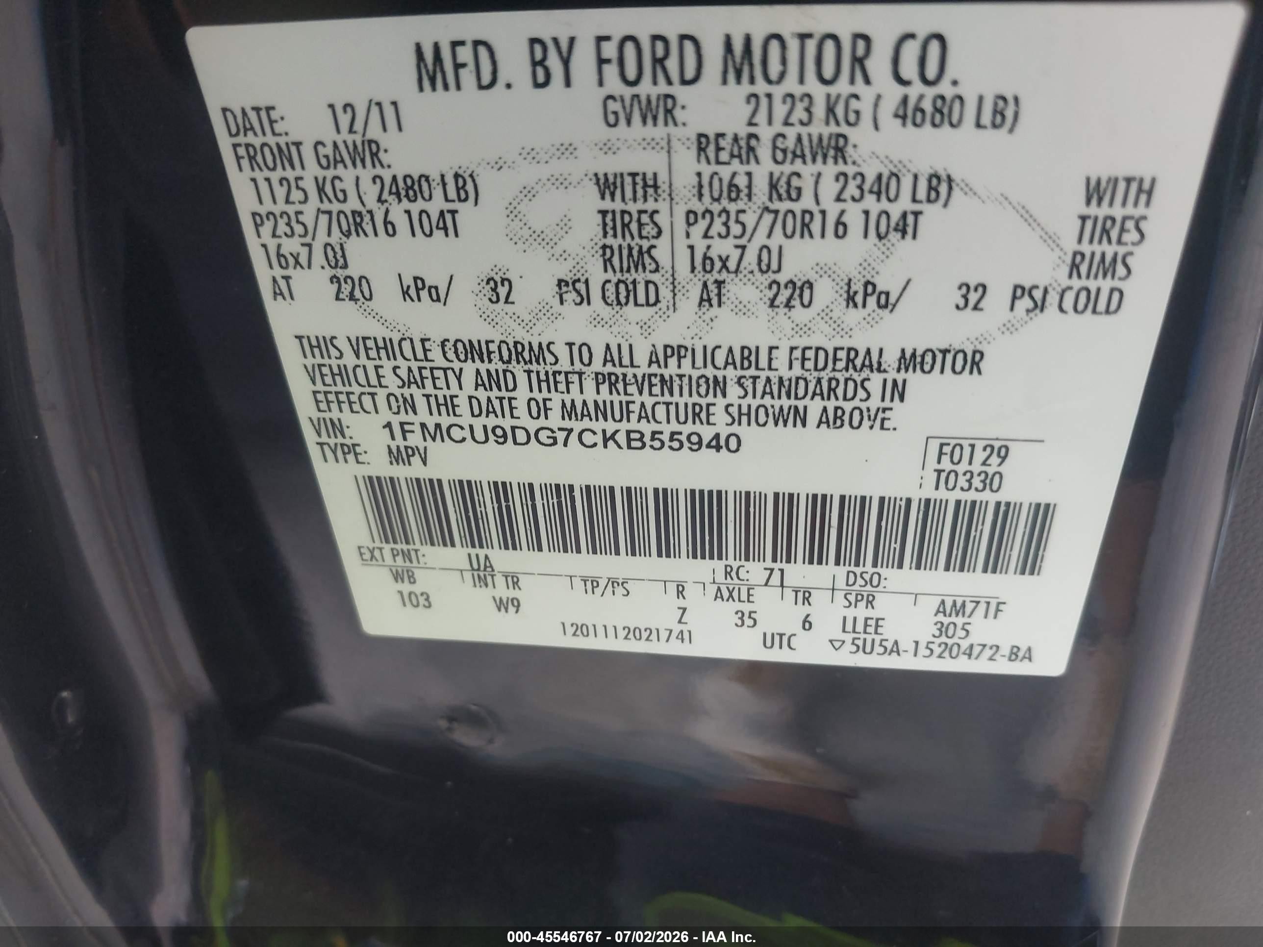 2012 Ford Escape Xlt Black vin: 1FMCU9DG7CKB55940