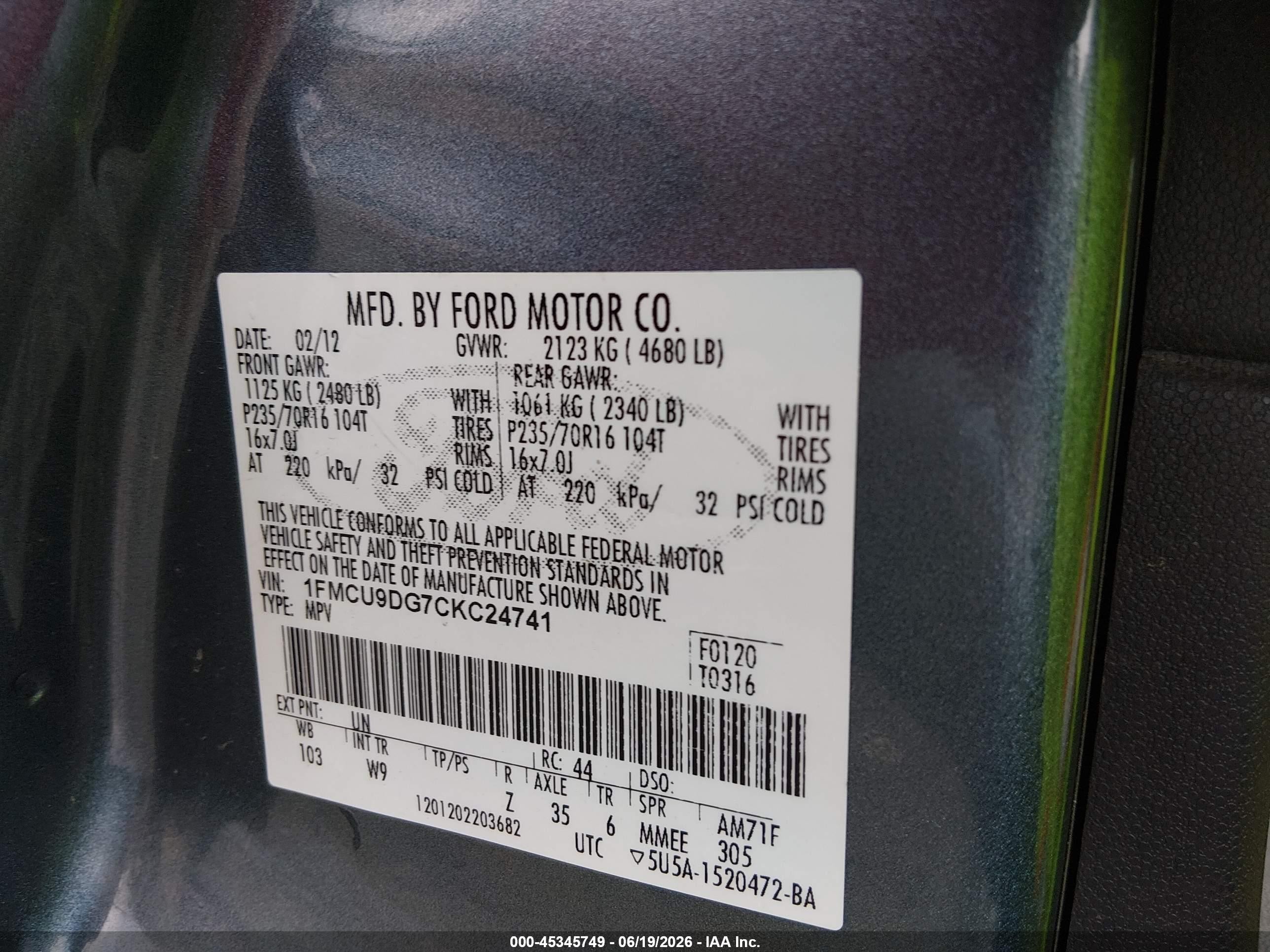 2012 Ford Escape Xlt Blue vin: 1FMCU9DG7CKC24741
