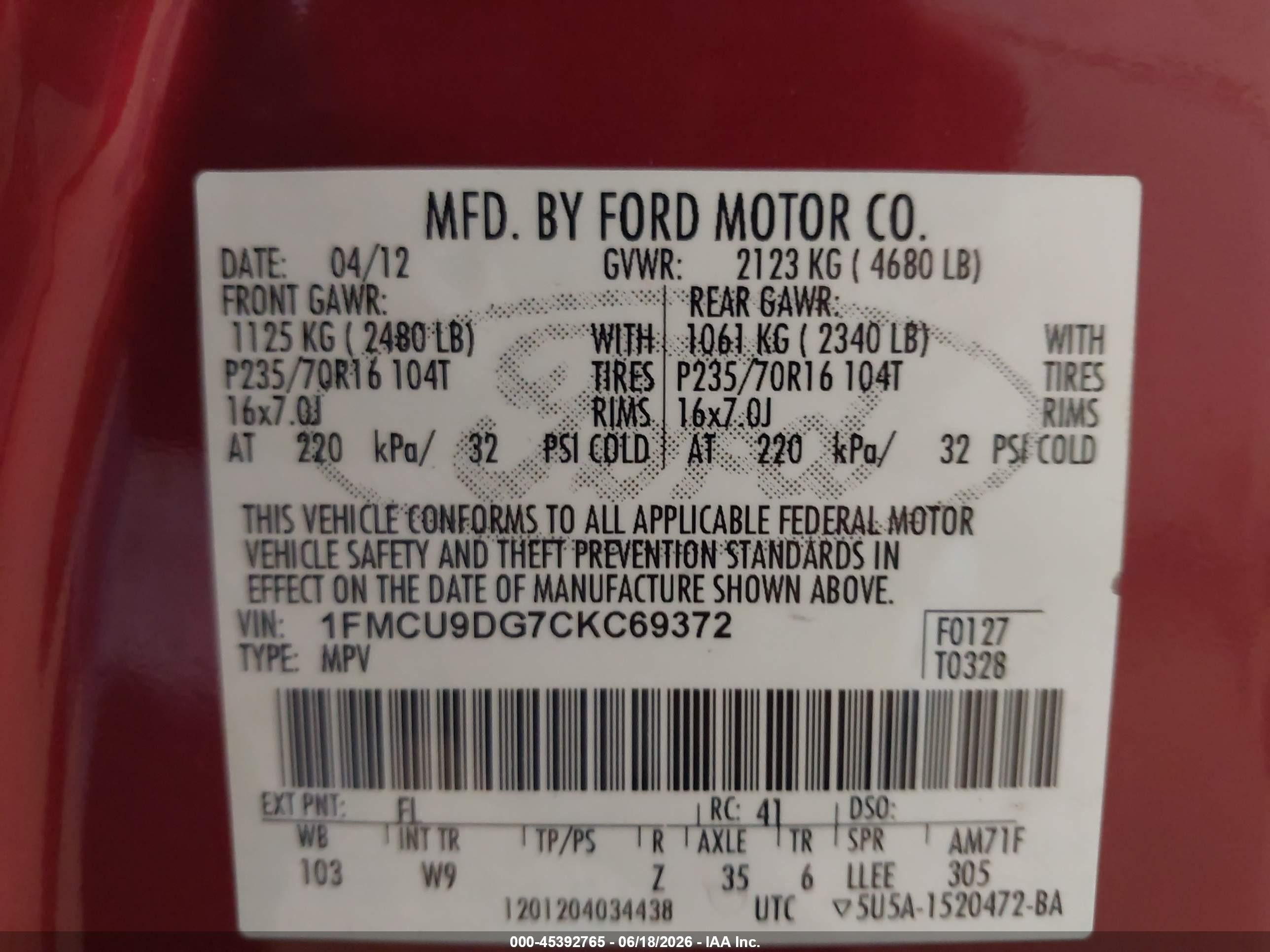 2012 Ford Escape Xlt Red vin: 1FMCU9DG7CKC69372