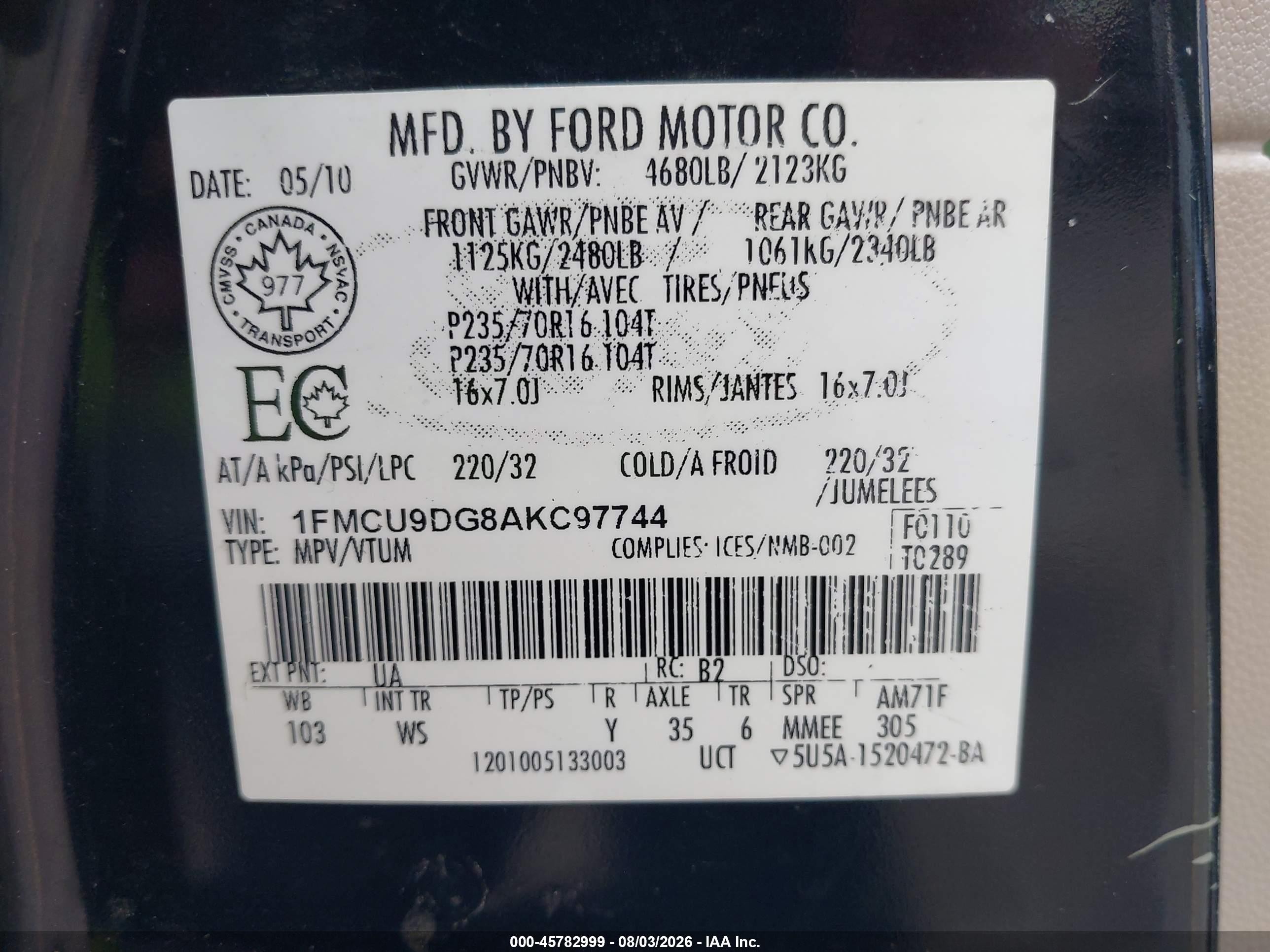2010 Ford Escape Xlt Black vin: 1FMCU9DG8AKC97744