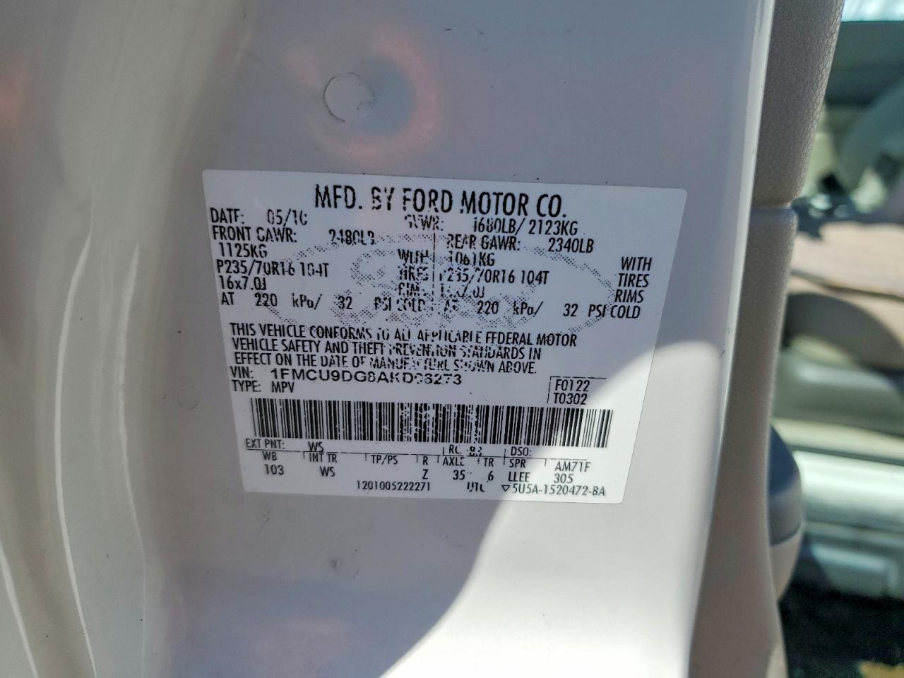 2010 Ford Escape Xlt White vin: 1FMCU9DG8AKD08273