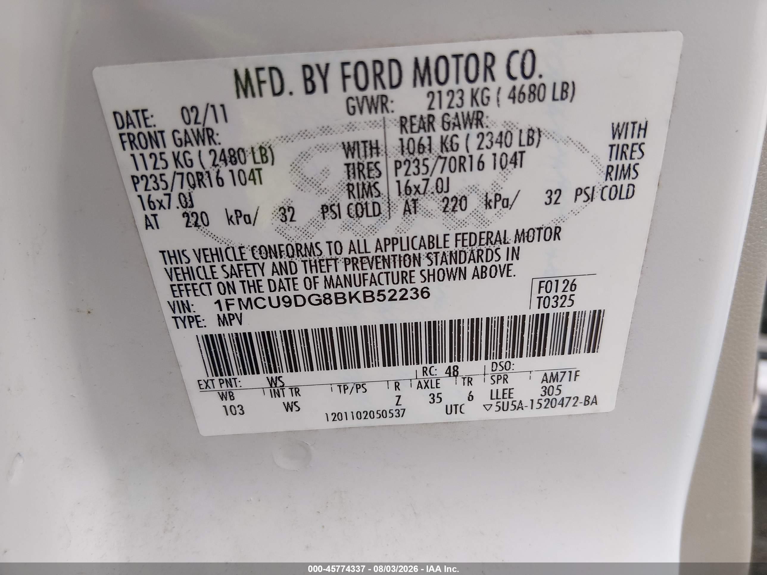 2011 Ford Escape Xlt White vin: 1FMCU9DG8BKB52236