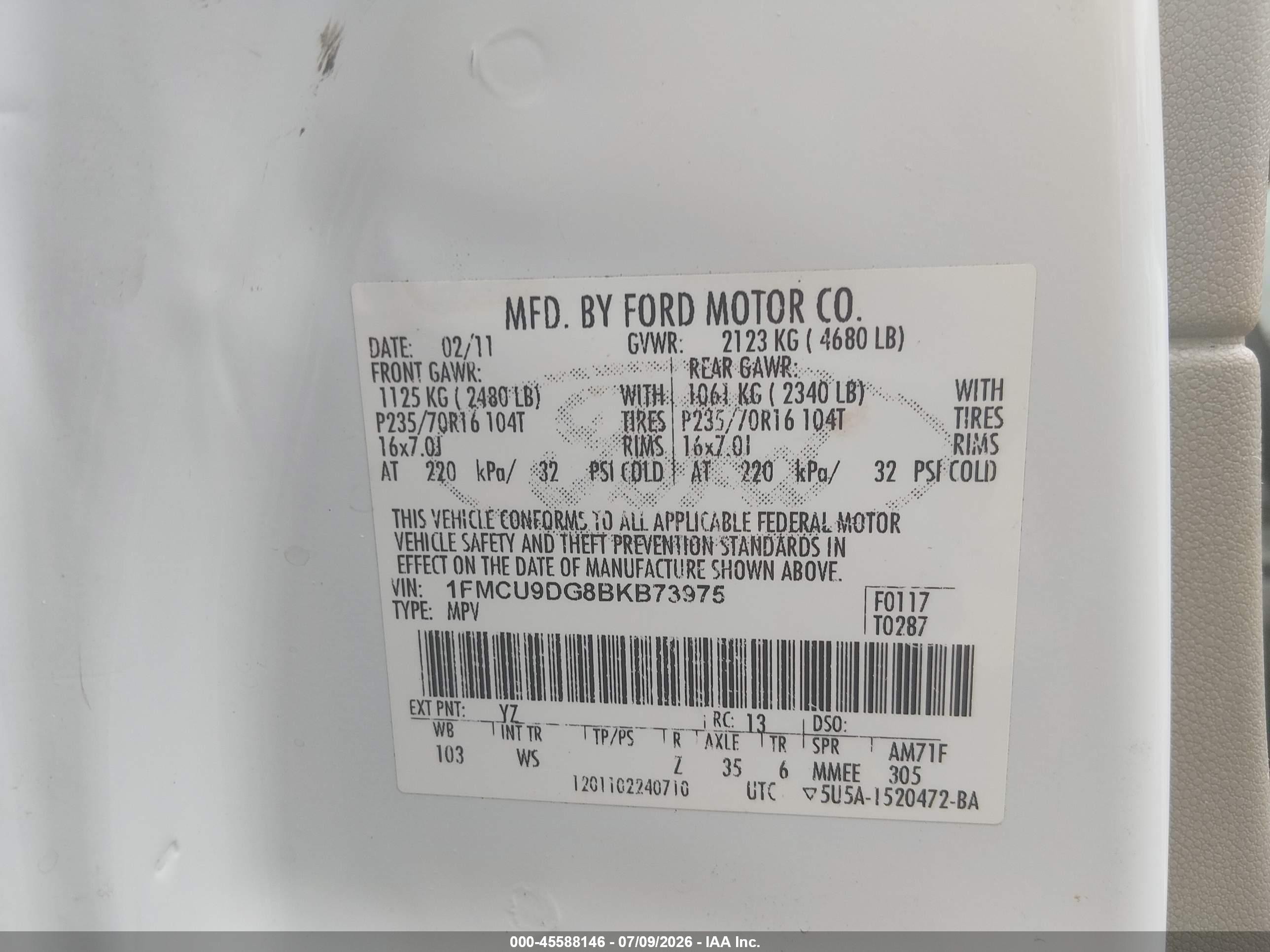 2011 Ford Escape Xlt White vin: 1FMCU9DG8BKB73975